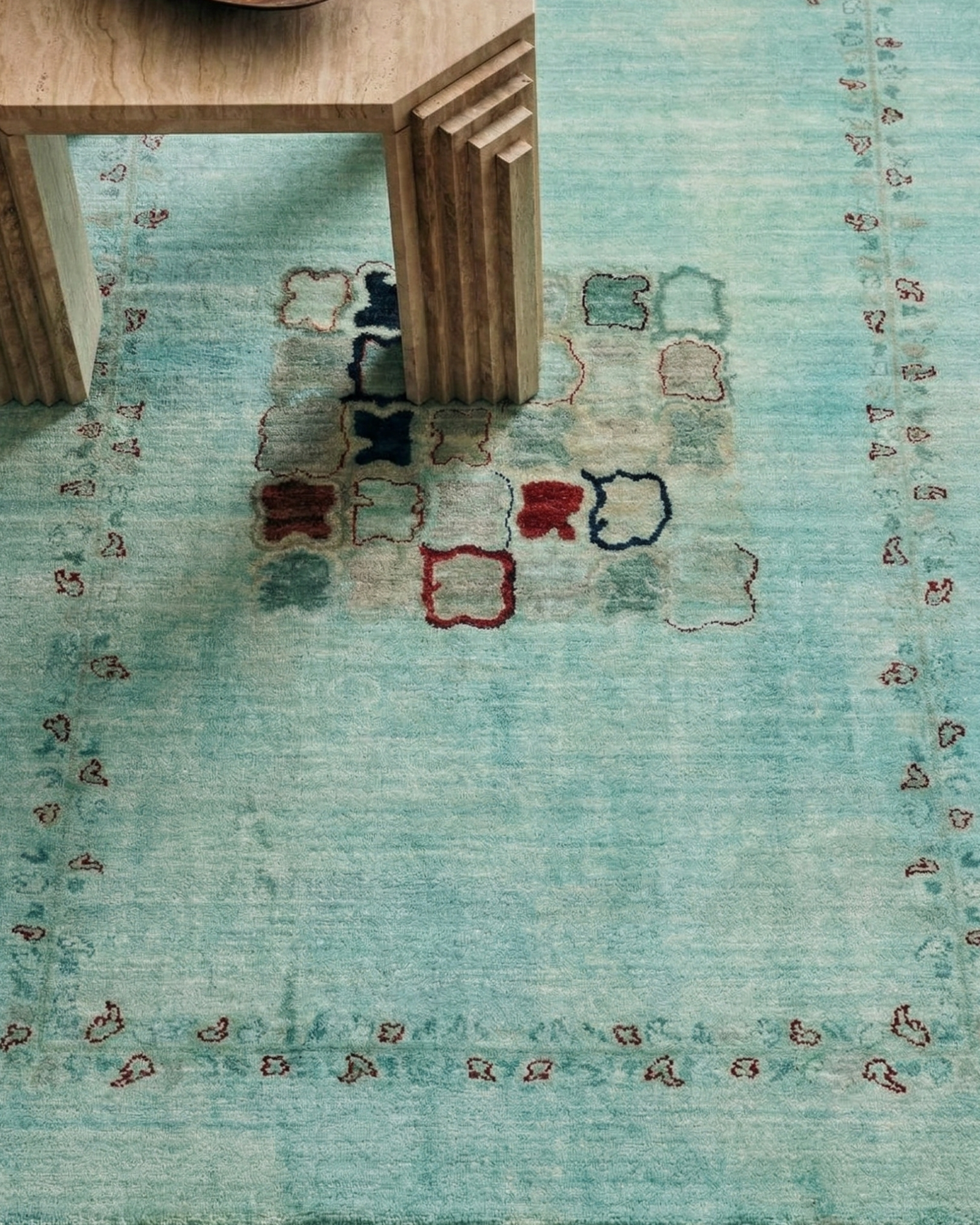 Gabbeh-Style Aqua Field Rug, Iran modern rug, in turquoise / teal, Wool, 183 × 274 cm (6'0" × 9'0"), Nasim Carpets Malaysia — view 2