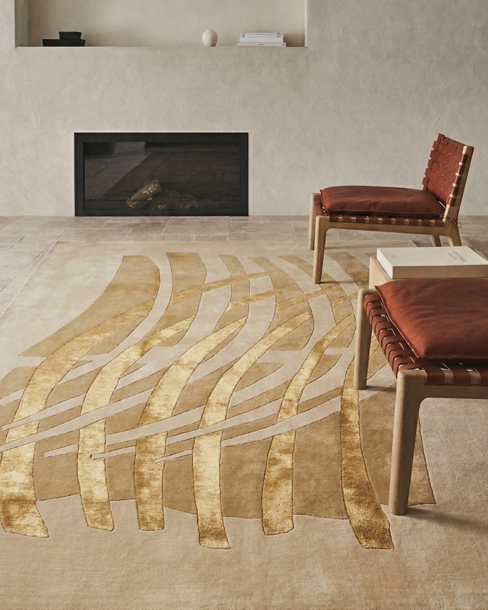 Abstract Ribbon Rug, Iran modern rug, in gold / yellow, Wool & Pure Silk, 183 × 274 cm (6'0" × 9'0"), Nasim Carpets Malaysia — view 2