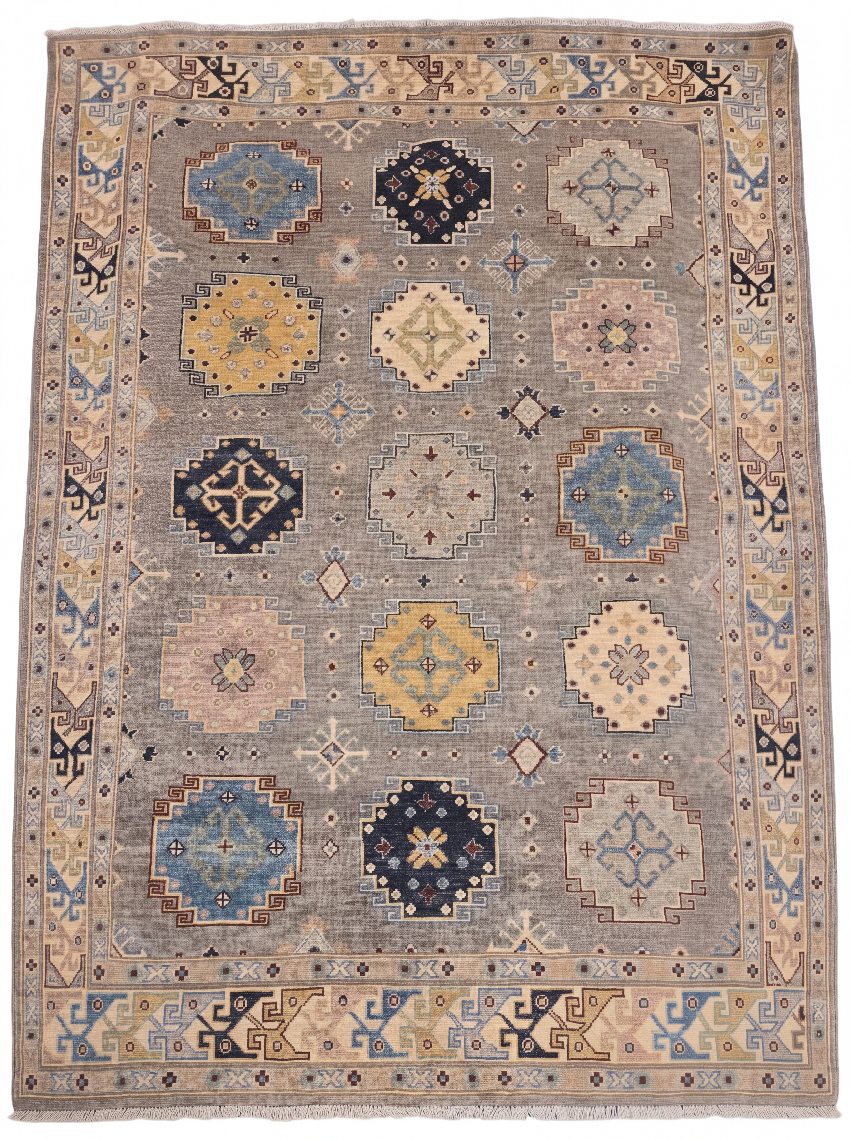Kazak Compartmental Medallion Grey, Caucasian Kazak, Afghanistan (revival weave) tribal rug, in slate grey, Wool, 171 × 244 cm (5'7" × 8'0"), Nasim Carpets Malaysia — view 1