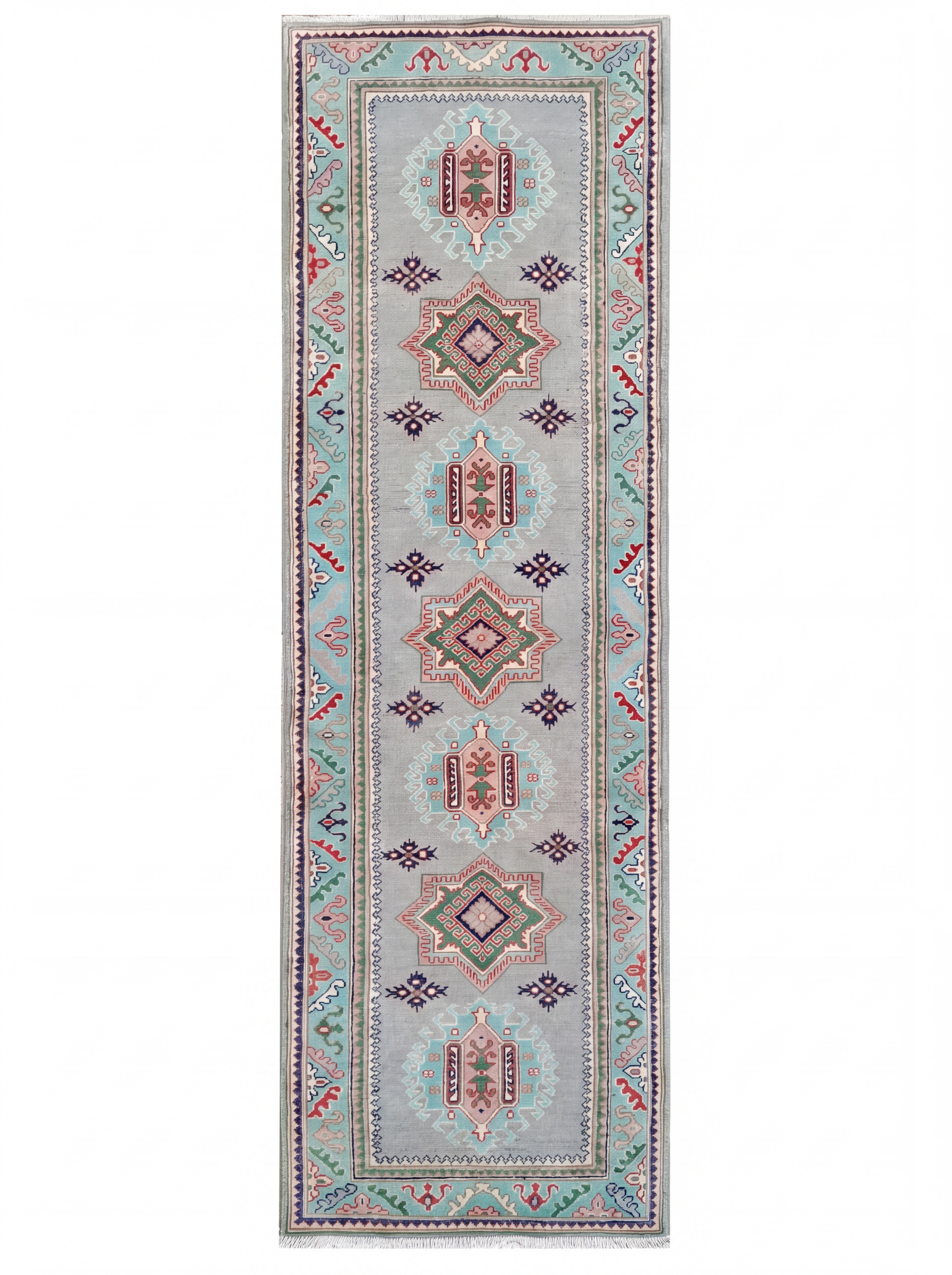 Kazak Medallion Runner Steel Blue, Kazak, Caucasus (Afghan-woven in Kazak tradition) tribal rug, in steel blue, Wool, 291 × 77 cm (9'7" × 2'6"), Nasim Carpets Malaysia — view 1