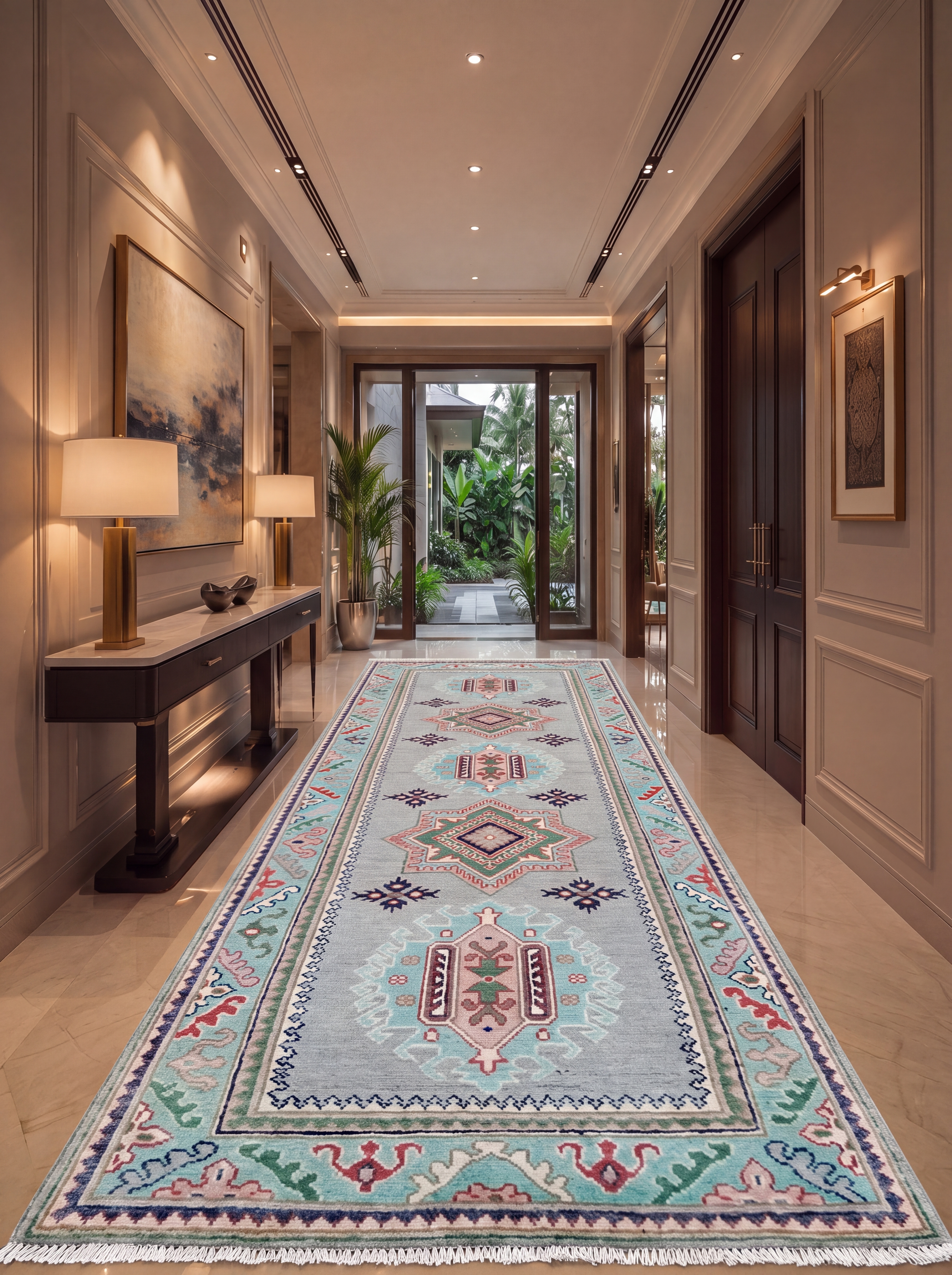Kazak Medallion Runner Steel Blue, Kazak, Caucasus (Afghan-woven in Kazak tradition) tribal rug, in steel blue, Wool, 291 × 77 cm (9'7" × 2'6"), Nasim Carpets Malaysia — view 2