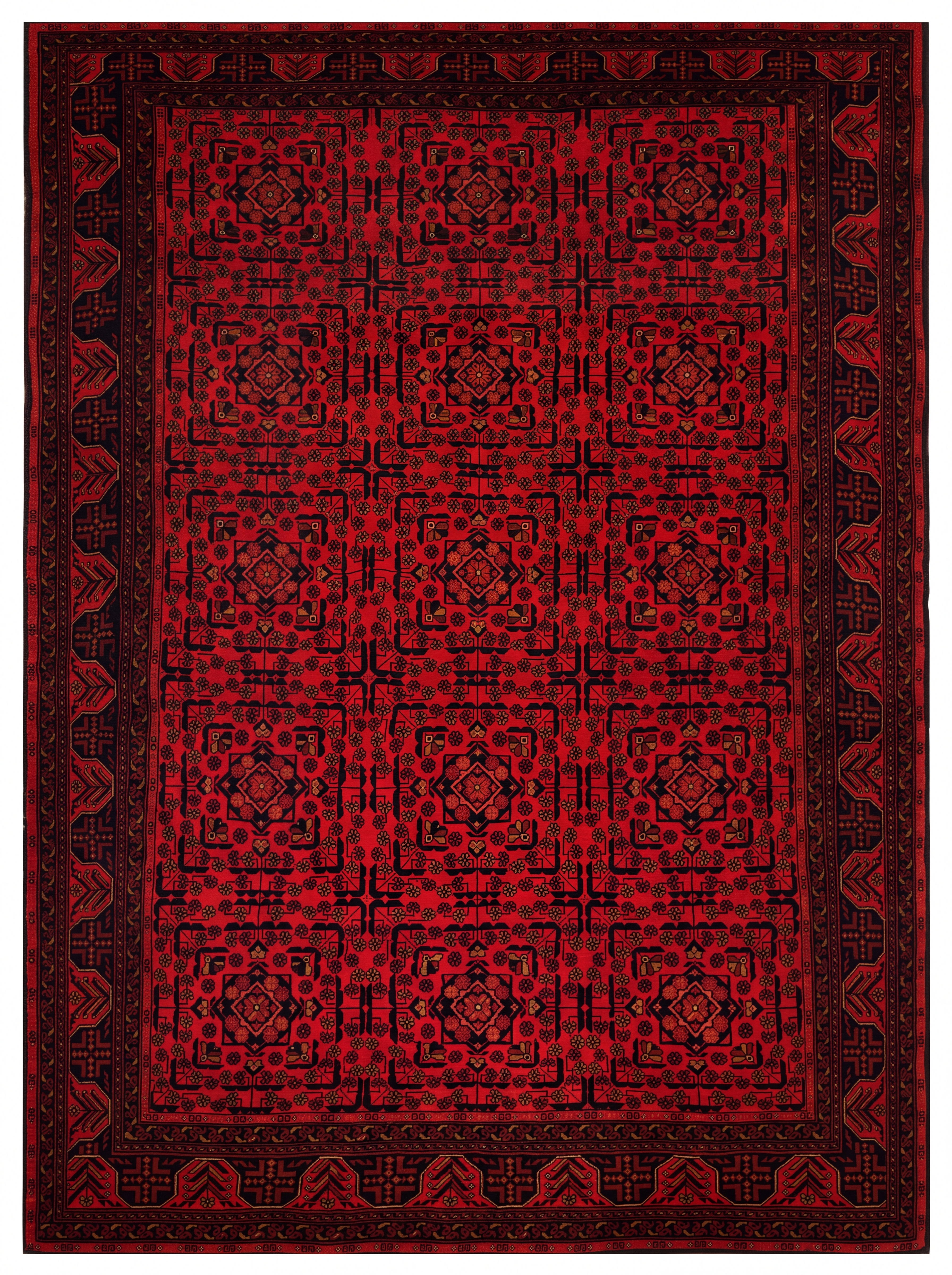 Afghan Khal Mohammadi Compartmental Crimson, Kunduz / Balkh Province, Northern Afghanistan tribal rug, in madder crimson, Wool, 207 × 302 cm (6'9" × 9'11"), Nasim Carpets Malaysia — view 1