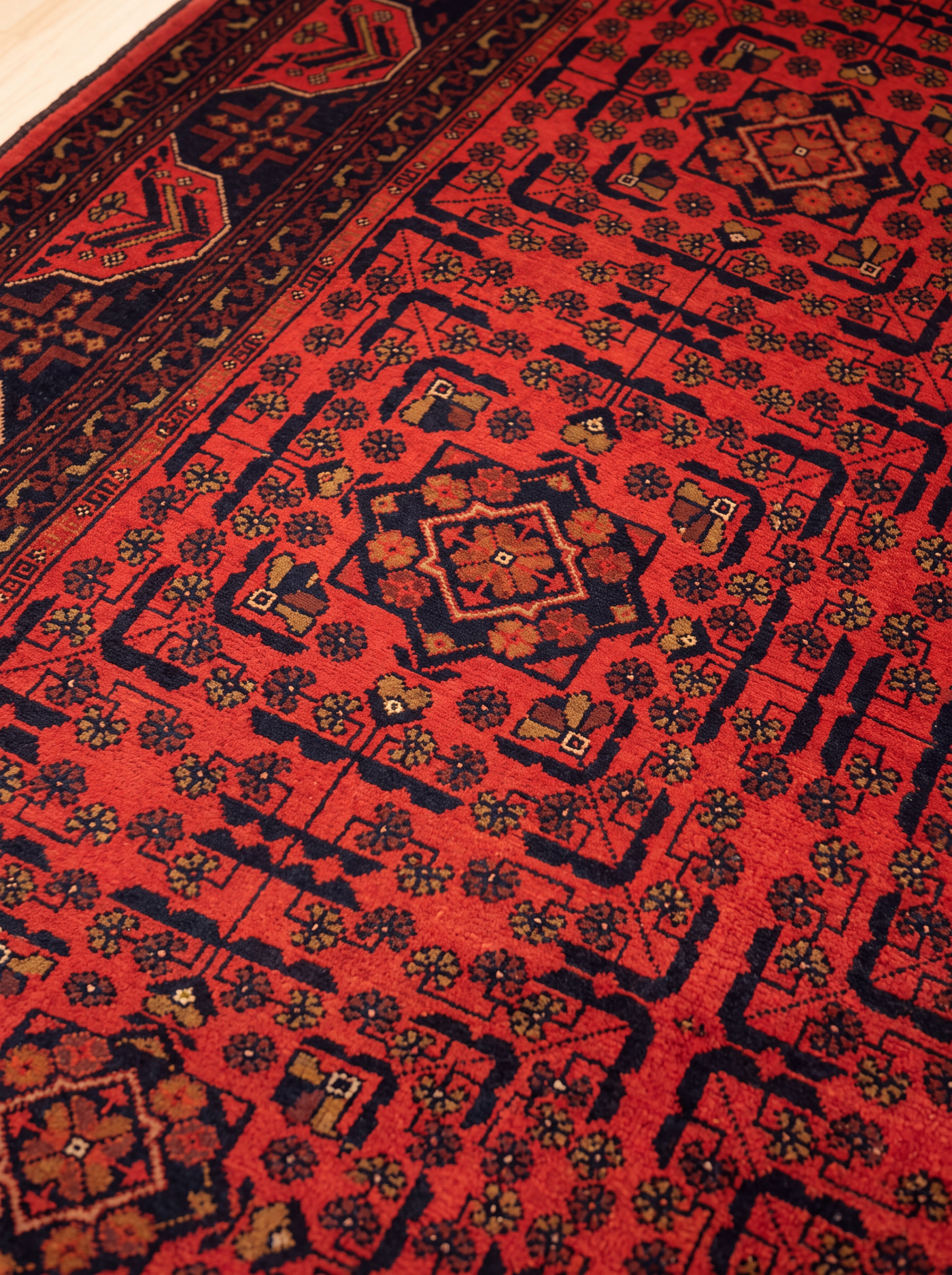 Afghan Khal Mohammadi Compartmental Crimson, Kunduz / Balkh Province, Northern Afghanistan tribal rug, in madder crimson, Wool, 207 × 302 cm (6'9" × 9'11"), Nasim Carpets Malaysia — view 3