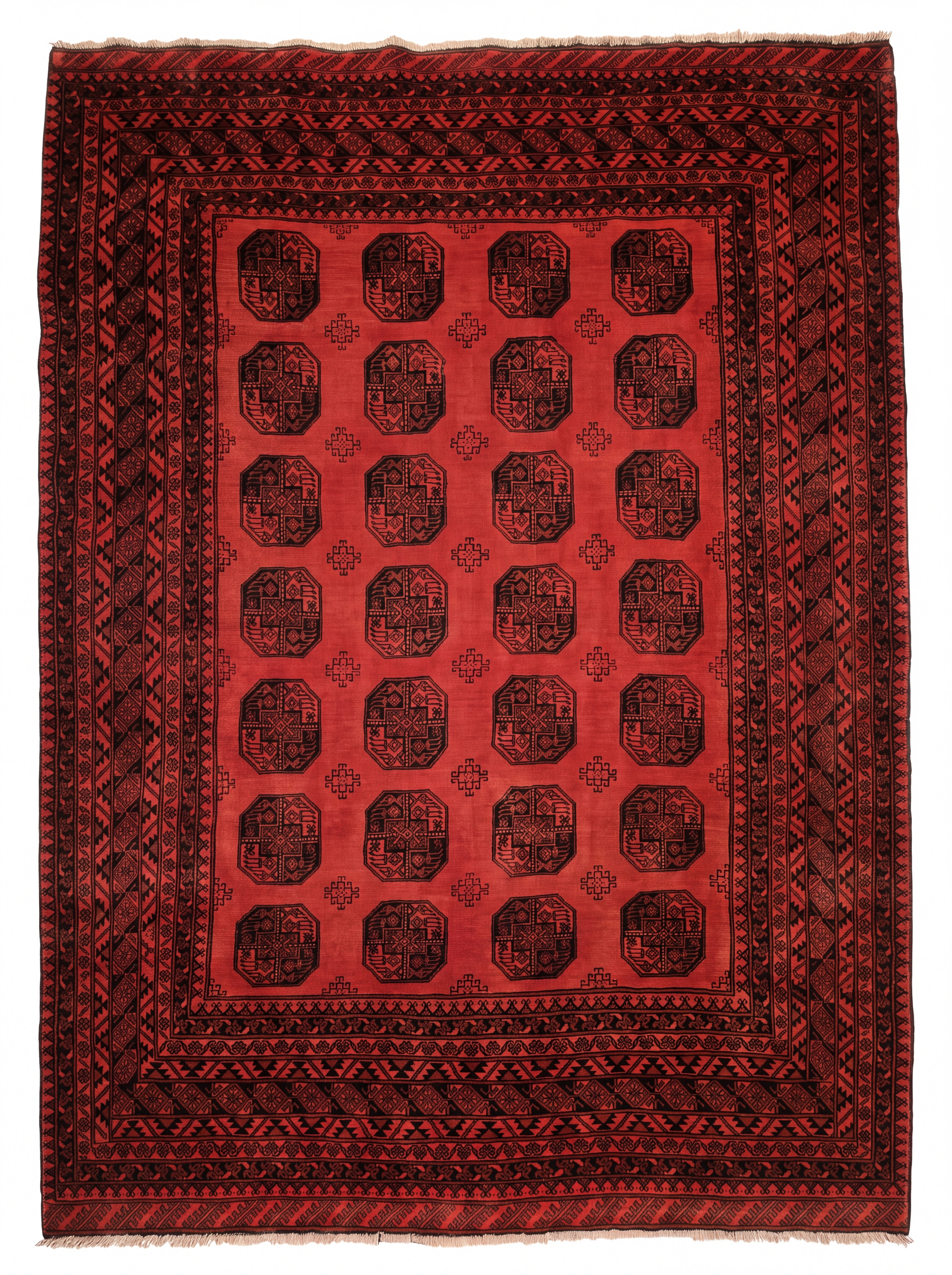 Afghan Bokhara Elephant Foot Red, Northern Afghanistan (Turkmen diaspora weaving tradition, likely Kunduz or Andkhoy region) tribal rug, in madder red, Wool, 204 × 283 cm (6'8" × 9'3"), Nasim Carpets Malaysia — view 1