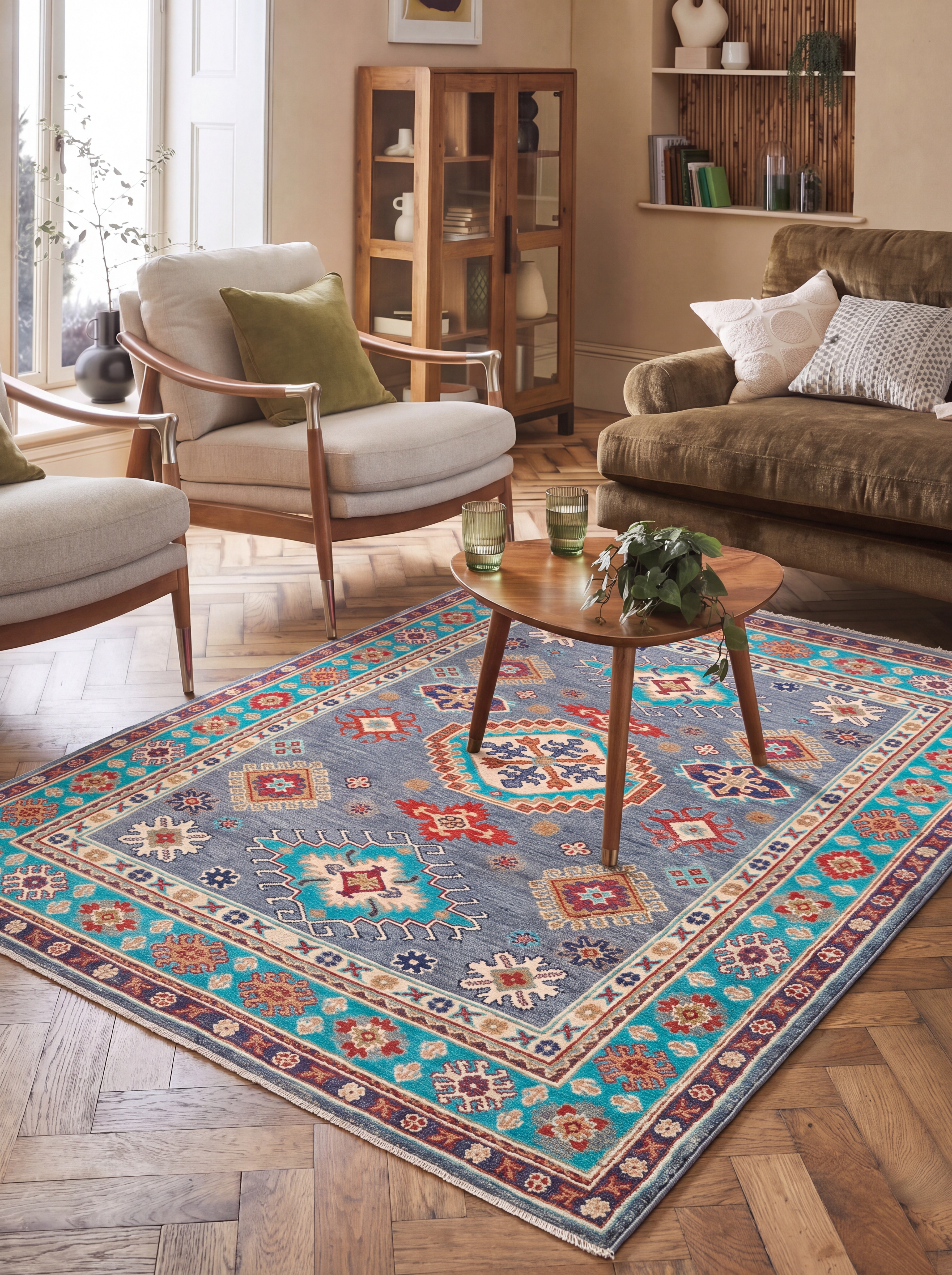 Kazakh Medallion Grey Ferozi, Kazakh-style, Afghanistan (Revival Kazak) tribal rug, in slate grey, Wool, 124 × 184 cm (4'1" × 6'0"), Nasim Carpets Malaysia — view 2