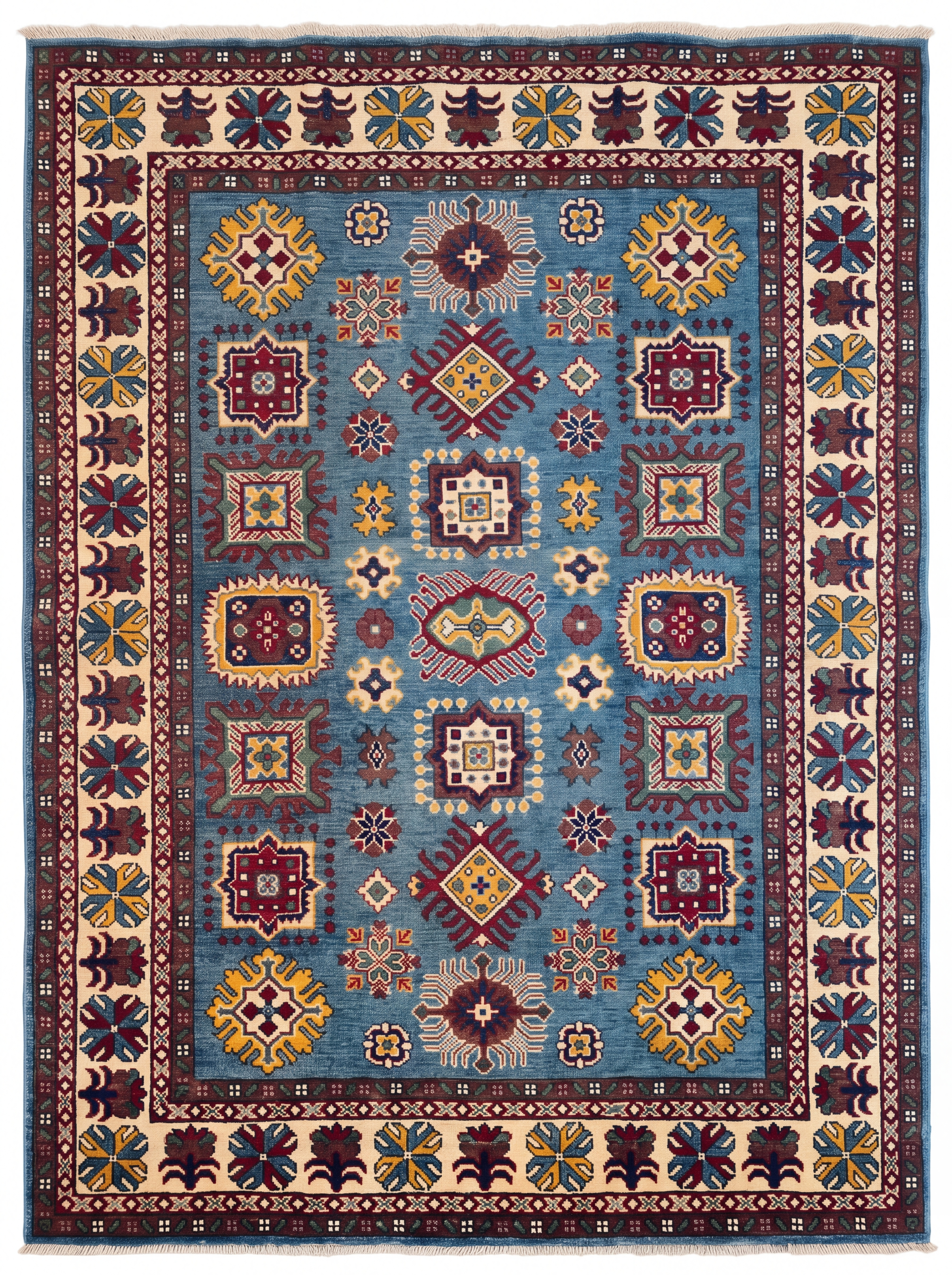Kazakh Compartmental Sky Blue, Afghan Kazakh (Northwest Afghanistan, Kunduz region) tribal rug, in steel blue, Wool, 152 × 213 cm (5'0" × 7'0"), Nasim Carpets Malaysia — view 1