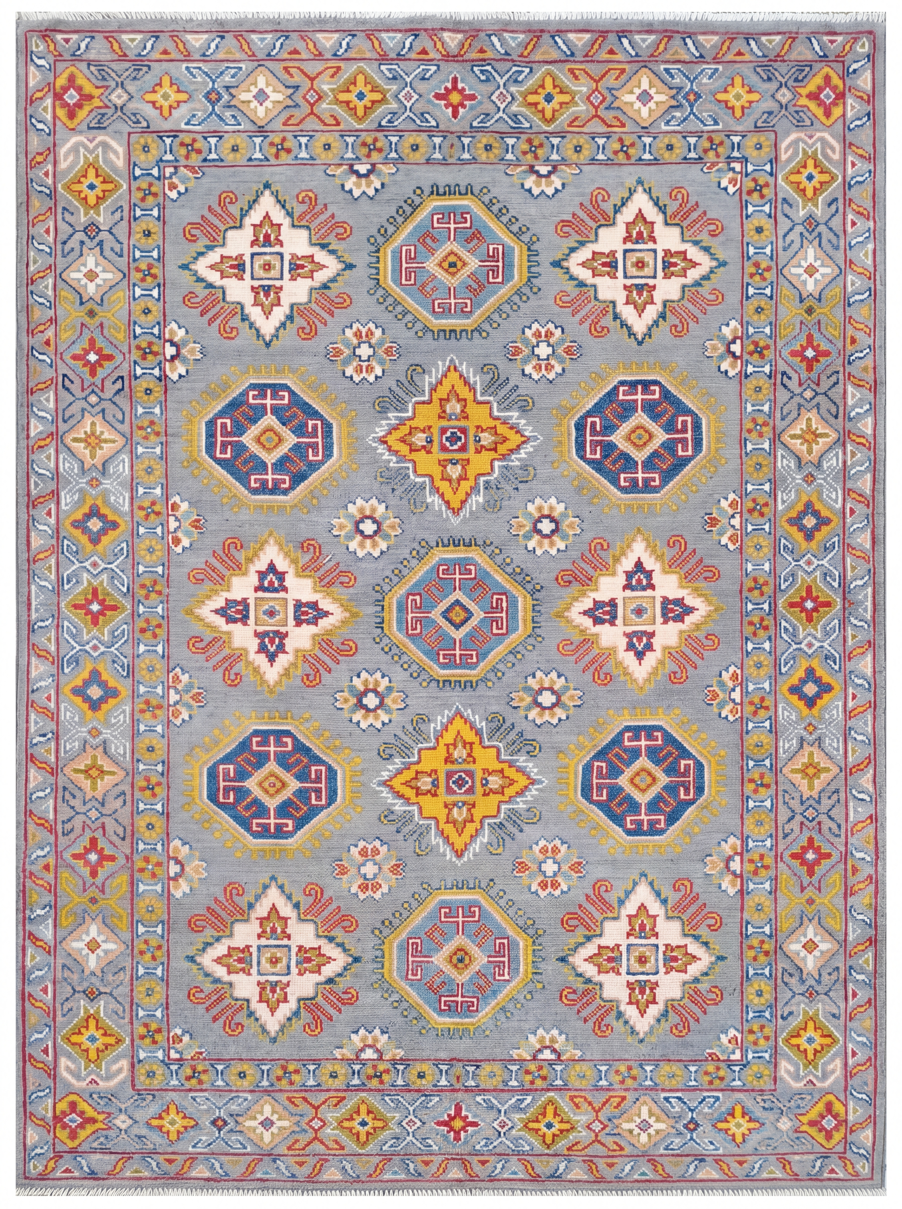 Kazakh Geometric Medallion Grey, Kazakh, Afghanistan (Afghan-Kazakh weaving tradition) tribal rug, in steel grey, Wool, 187 × 126 cm (6'2" × 4'2"), Nasim Carpets Malaysia — view 1