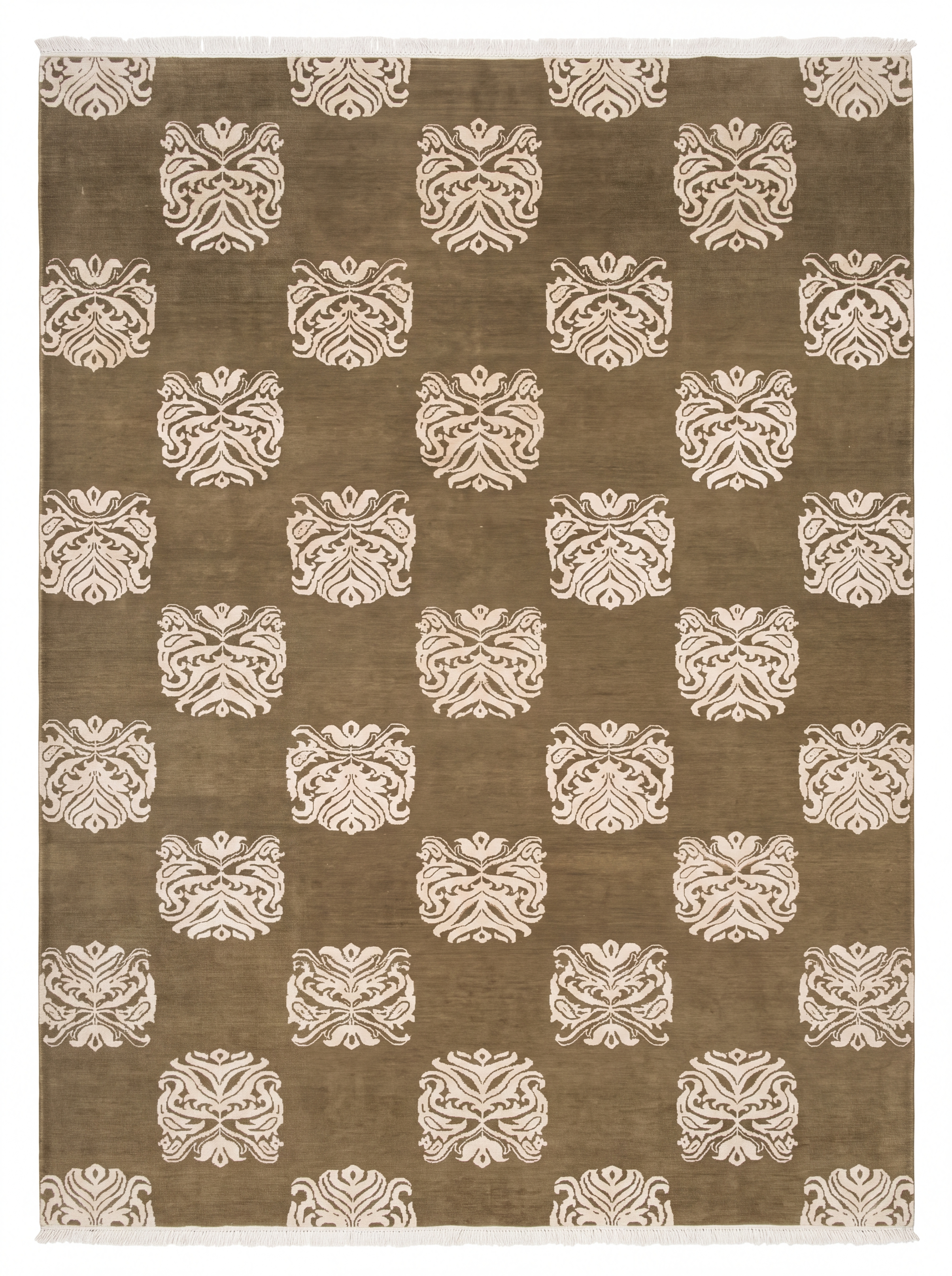 Modern Damask All-Over Olive, India (contemporary Indo-Tibetan/Nepalese workshop tradition) modern rug, in olive khaki, Wool, 213 × 308 cm (7'0" × 10'1"), Nasim Carpets Malaysia — view 1