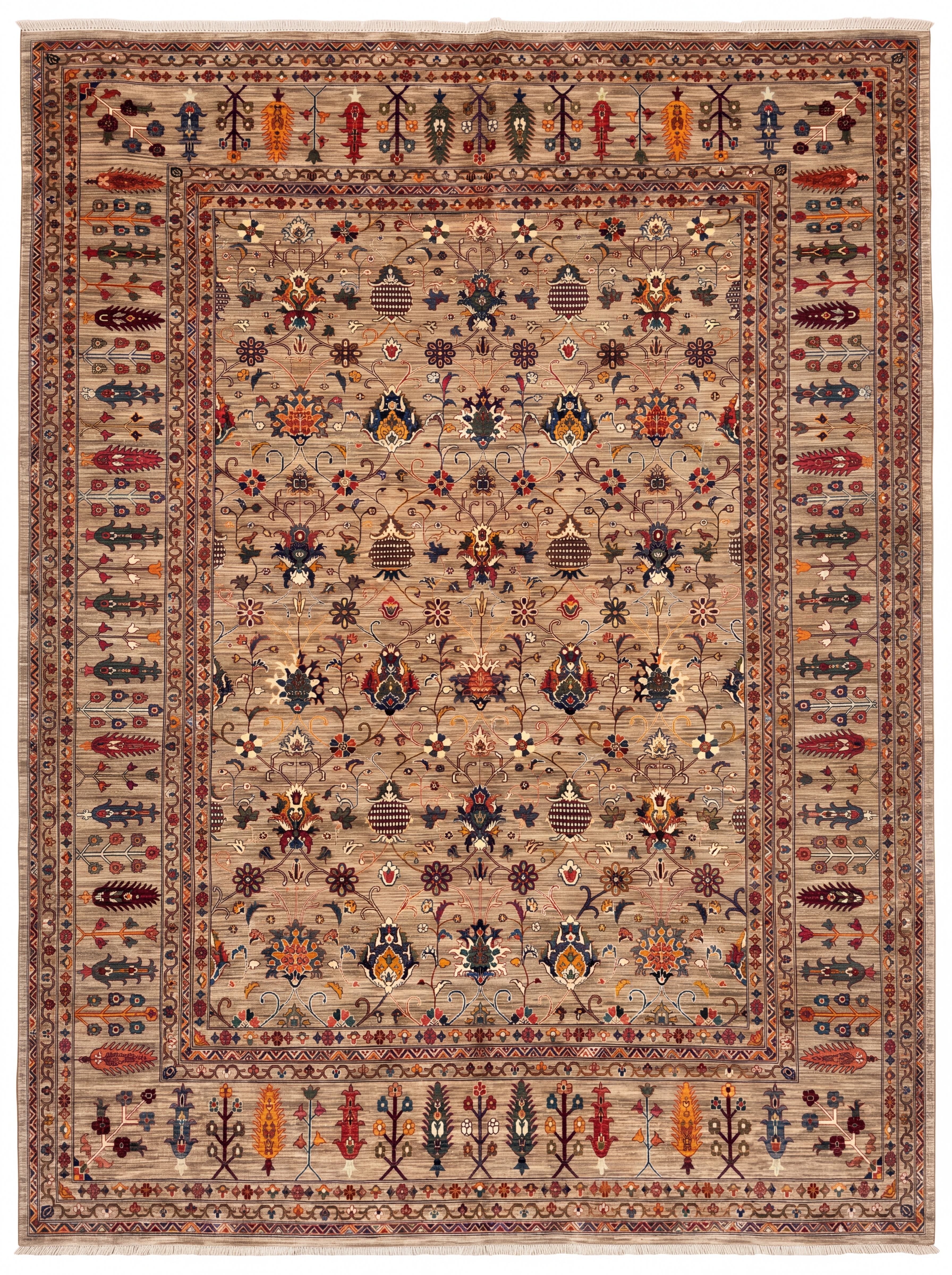 Ziegler All-Over Floral Sand, Peshawar/Afghan Ziegler, Northwest Pakistan–Afghanistan Border Region tribal rug, in warm sand, Wool, 375 × 445 cm (12'4" × 14'7"), Nasim Carpets Malaysia — view 1