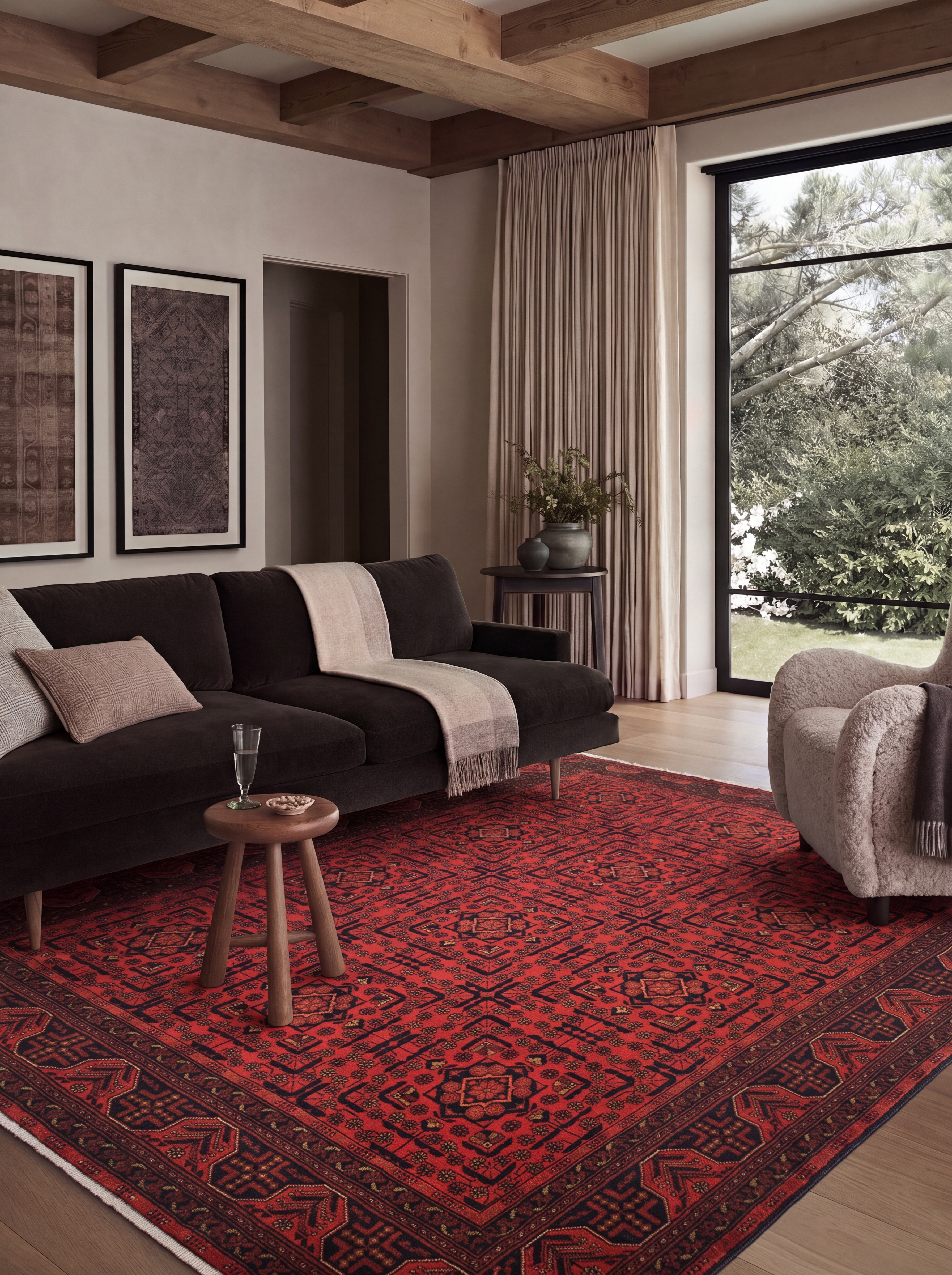 Afghan Khal Mohammadi Compartmental Crimson, Kunduz / Balkh Province, Northern Afghanistan tribal rug, in madder crimson, Wool, 207 × 302 cm (6'9" × 9'11"), Nasim Carpets Malaysia — view 2