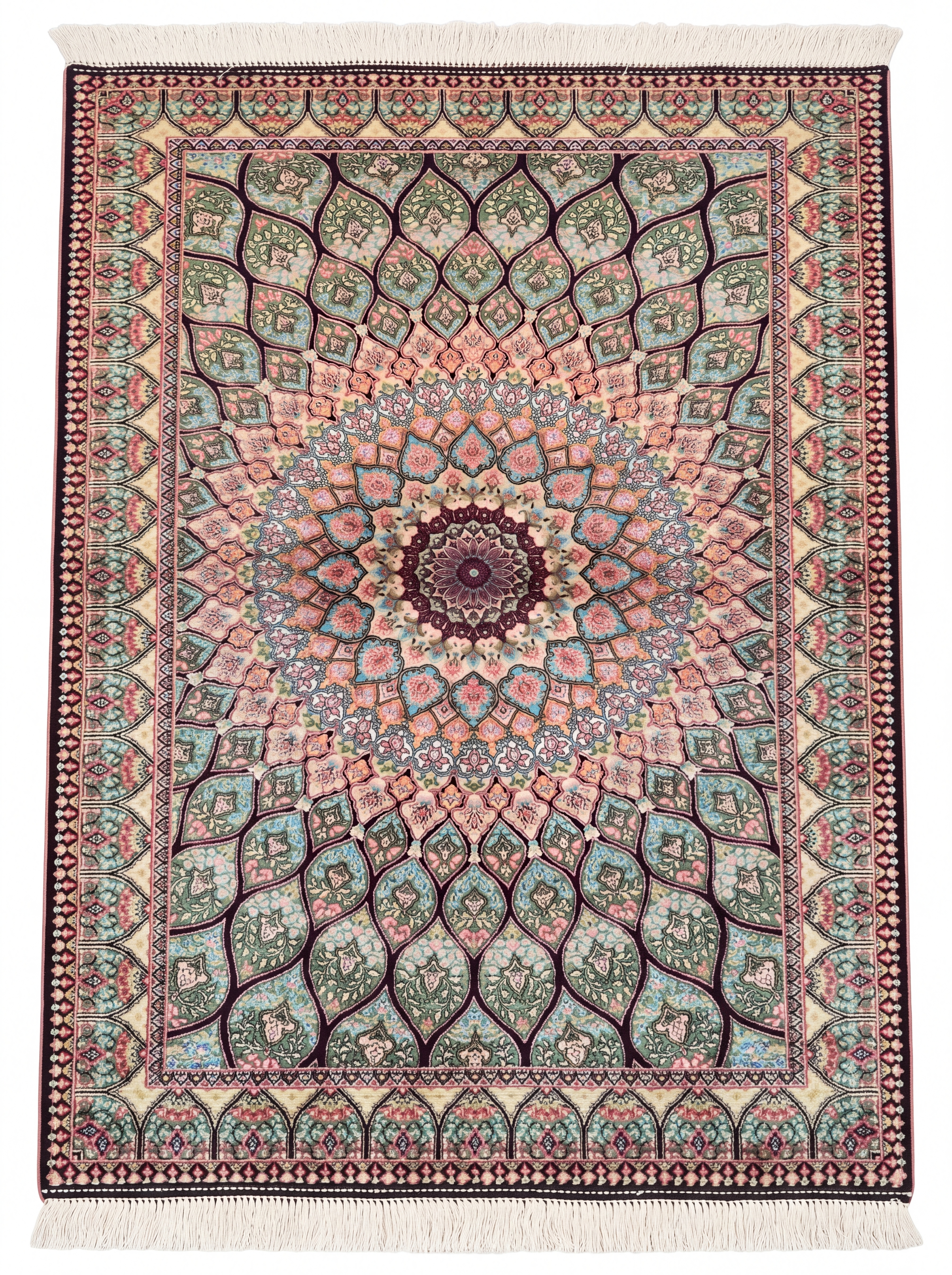 Isfahan Dome Medallion Ivory Teal, Isfahan, Iran bespoke rug, in ivory, Bamboo Silk, 91 × 152 cm (3'0" × 5'0"), Nasim Carpets Malaysia — view 1