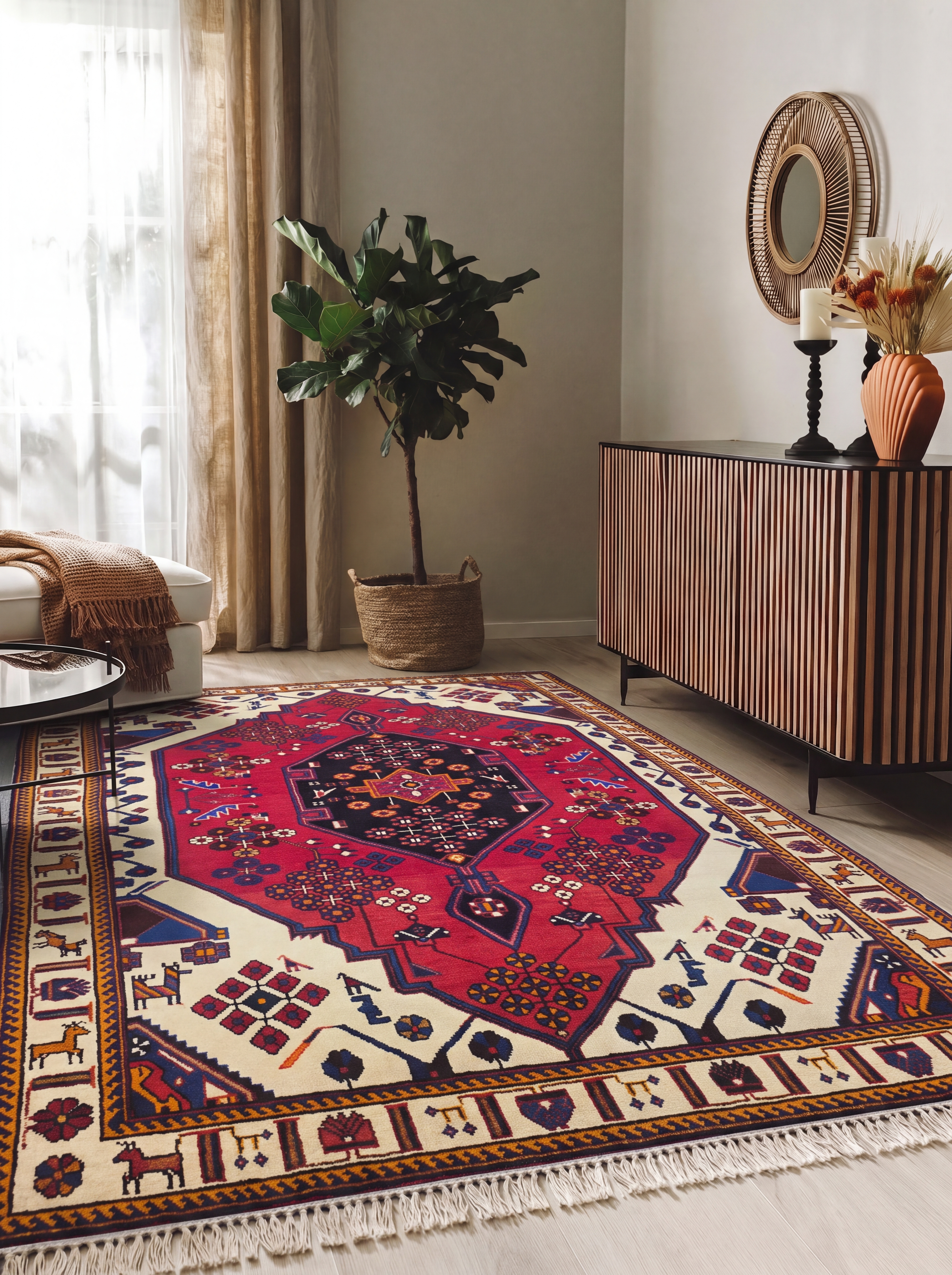 Hamadan Tribal Medallion Crimson, Hamadan Region, Iran tribal rug, in crimson red, Wool, 134 × 204 cm (4'5" × 6'8"), Nasim Carpets Malaysia — view 2