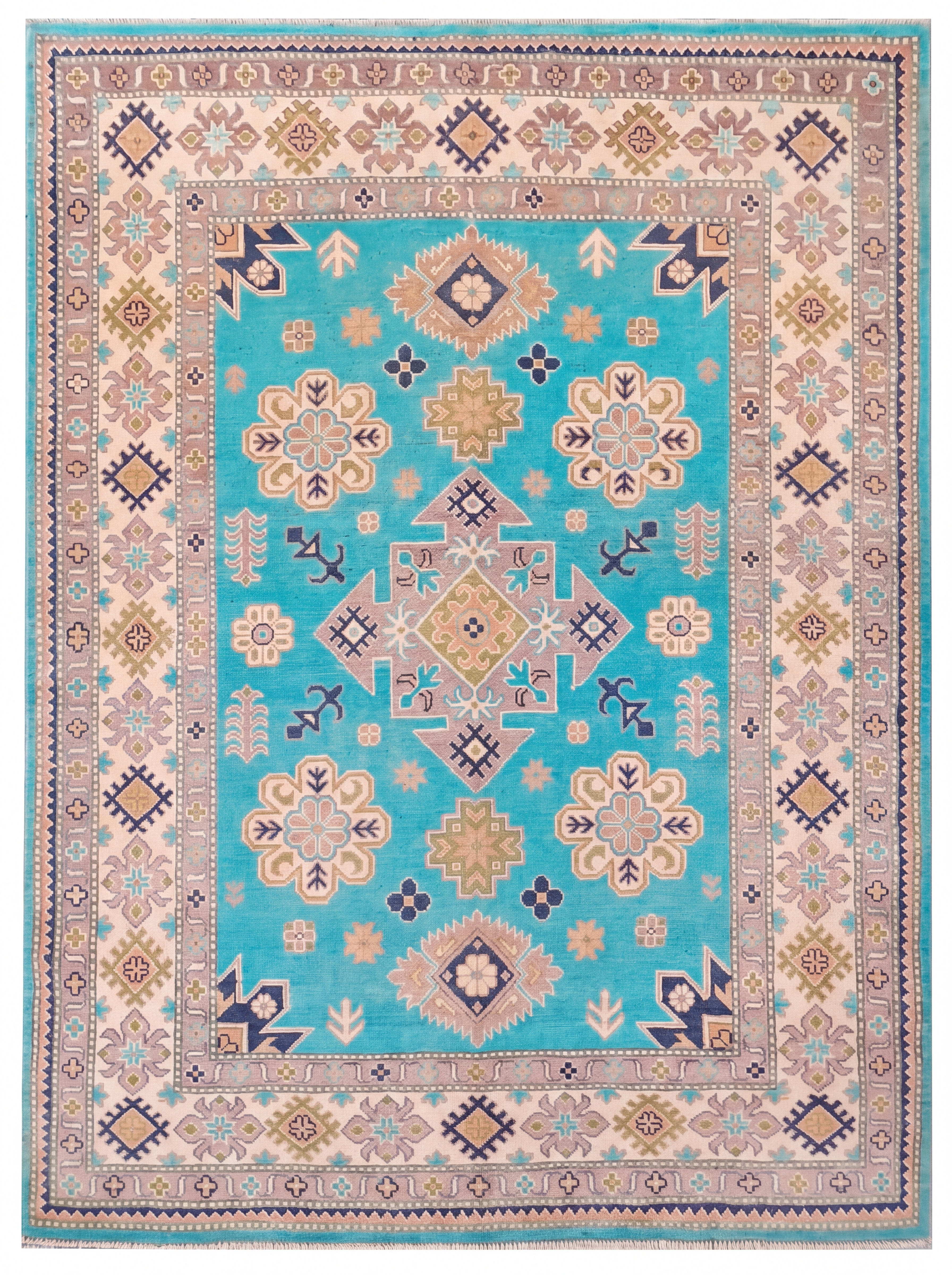 Kazak Medallion Turquoise, Caucasian Kazak, Afghanistan (Pakistani-Afghan revival tradition) tribal rug, in turquoise, Wool, 205 × 182 cm (6'9" × 6'0"), Nasim Carpets Malaysia — view 1