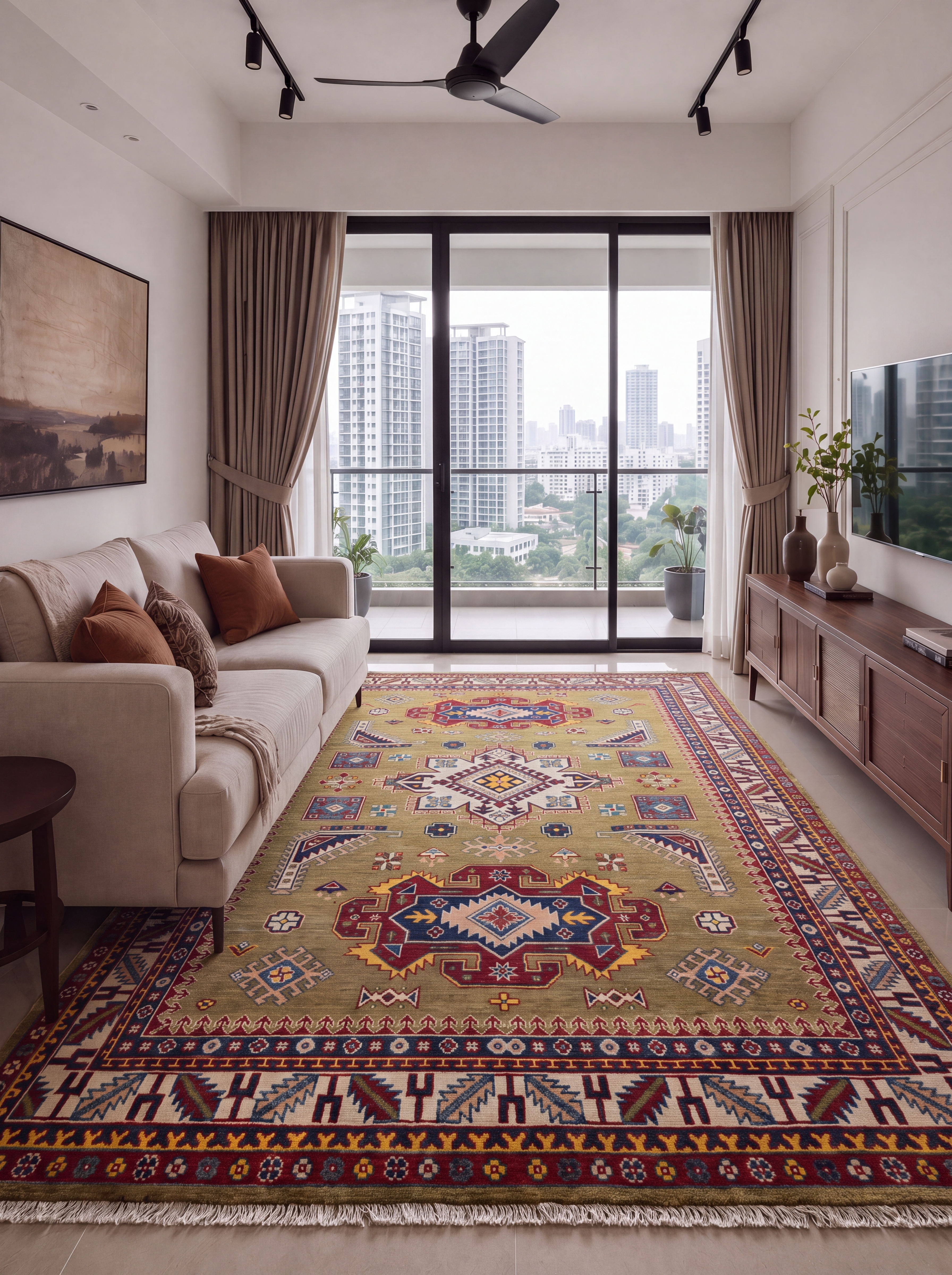 Kazak Medallion Olive Gold, Kazak, Afghanistan (Afghan-Kazak) tribal rug, in olive gold, Wool, 180 × 244 cm (5'11" × 8'0"), Nasim Carpets Malaysia — view 2