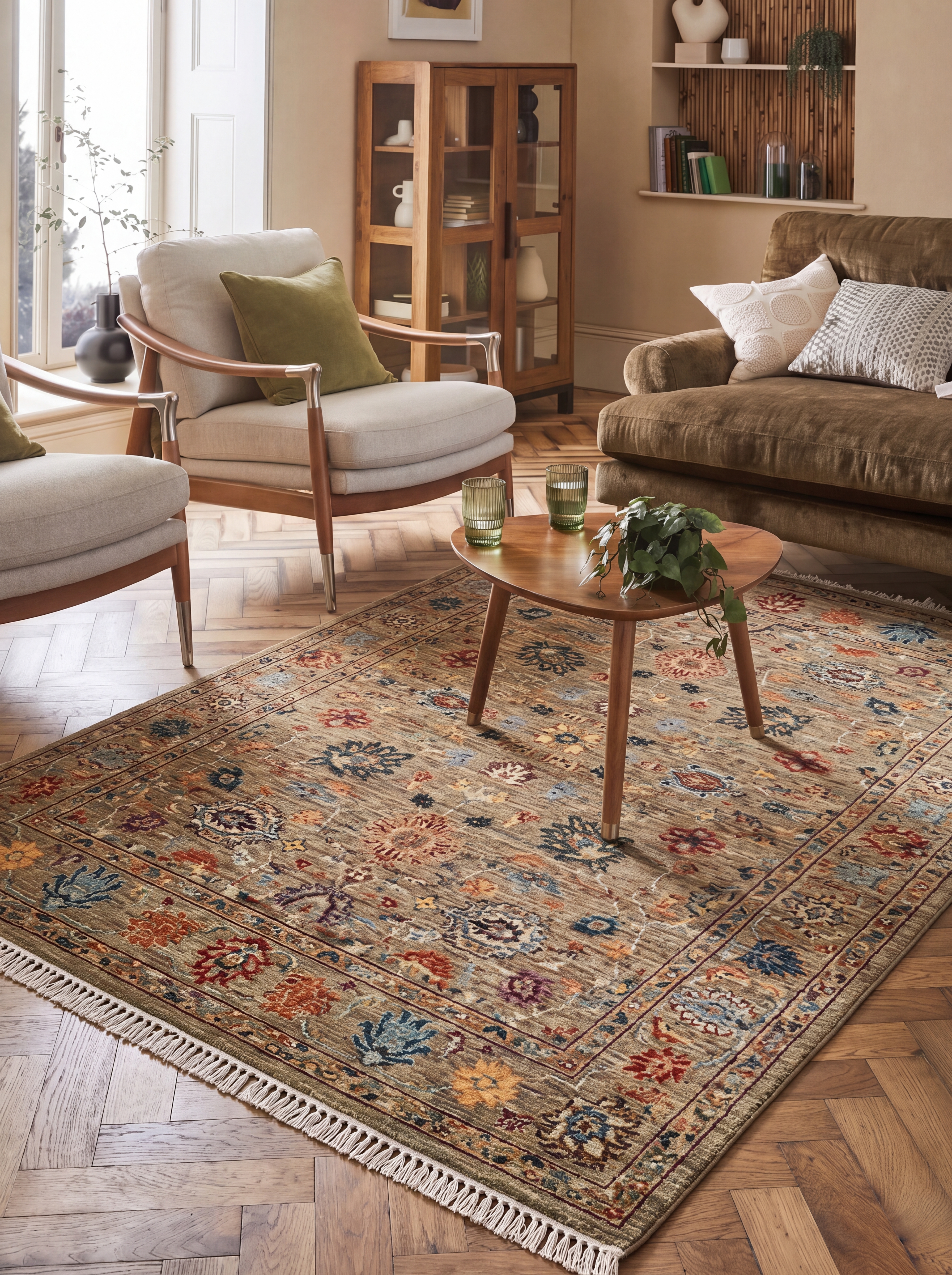 Afghan Mamluk Chobi All-Over Sage, Afghanistan (Chobi / Peshawar tradition) tribal rug, in sage green, Wool, 152 × 213 cm (5'0" × 7'0"), Nasim Carpets Malaysia — view 2