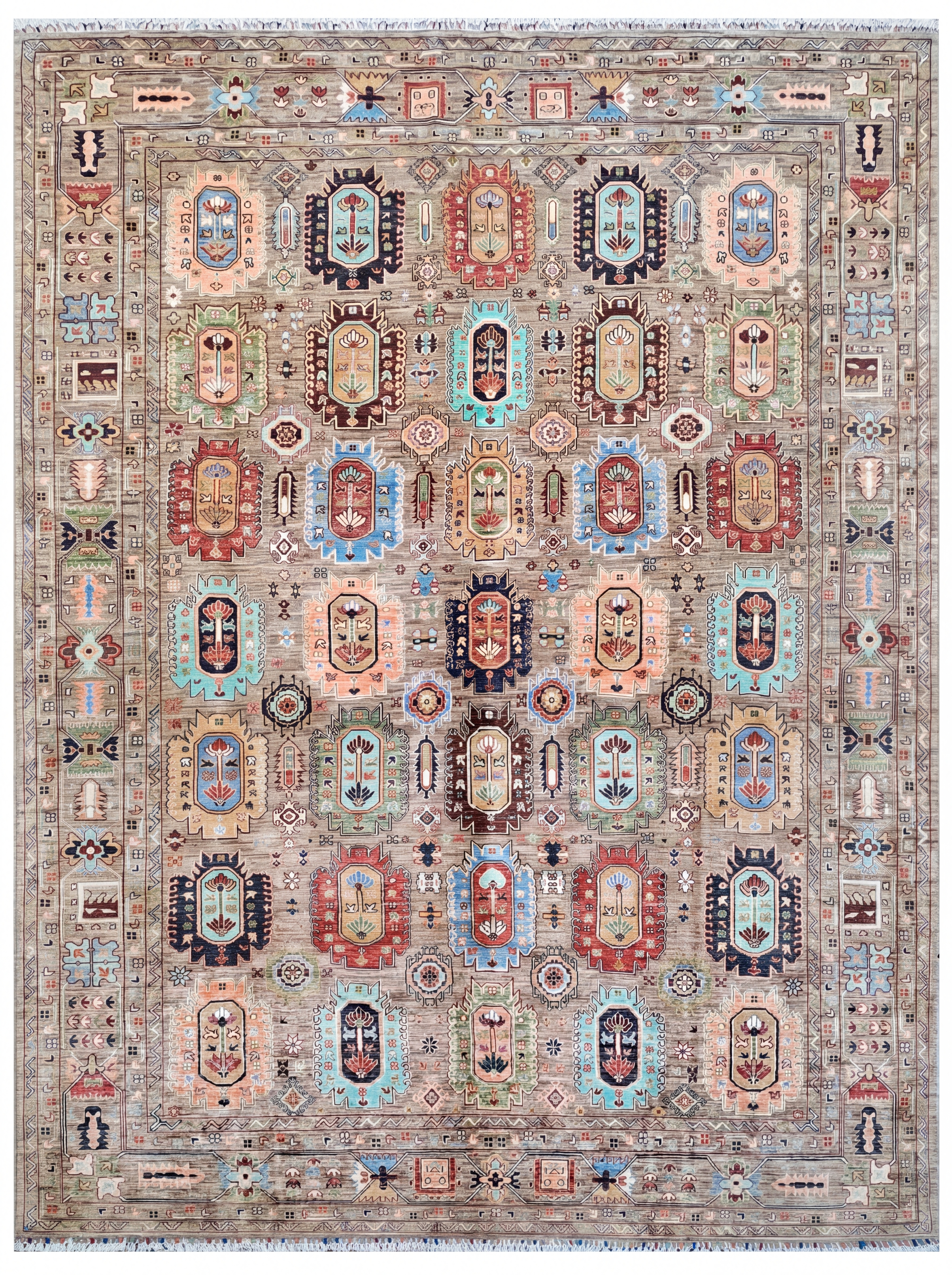 Afghan Mamluk Compartmental Multicolor, Afghanistan (Mamluk Revival style, likely woven in Kabul or Kunduz region) persian rug, in warm taupe, Wool, 245 × 319 cm (8'0" × 10'6"), Nasim Carpets Malaysia — view 1