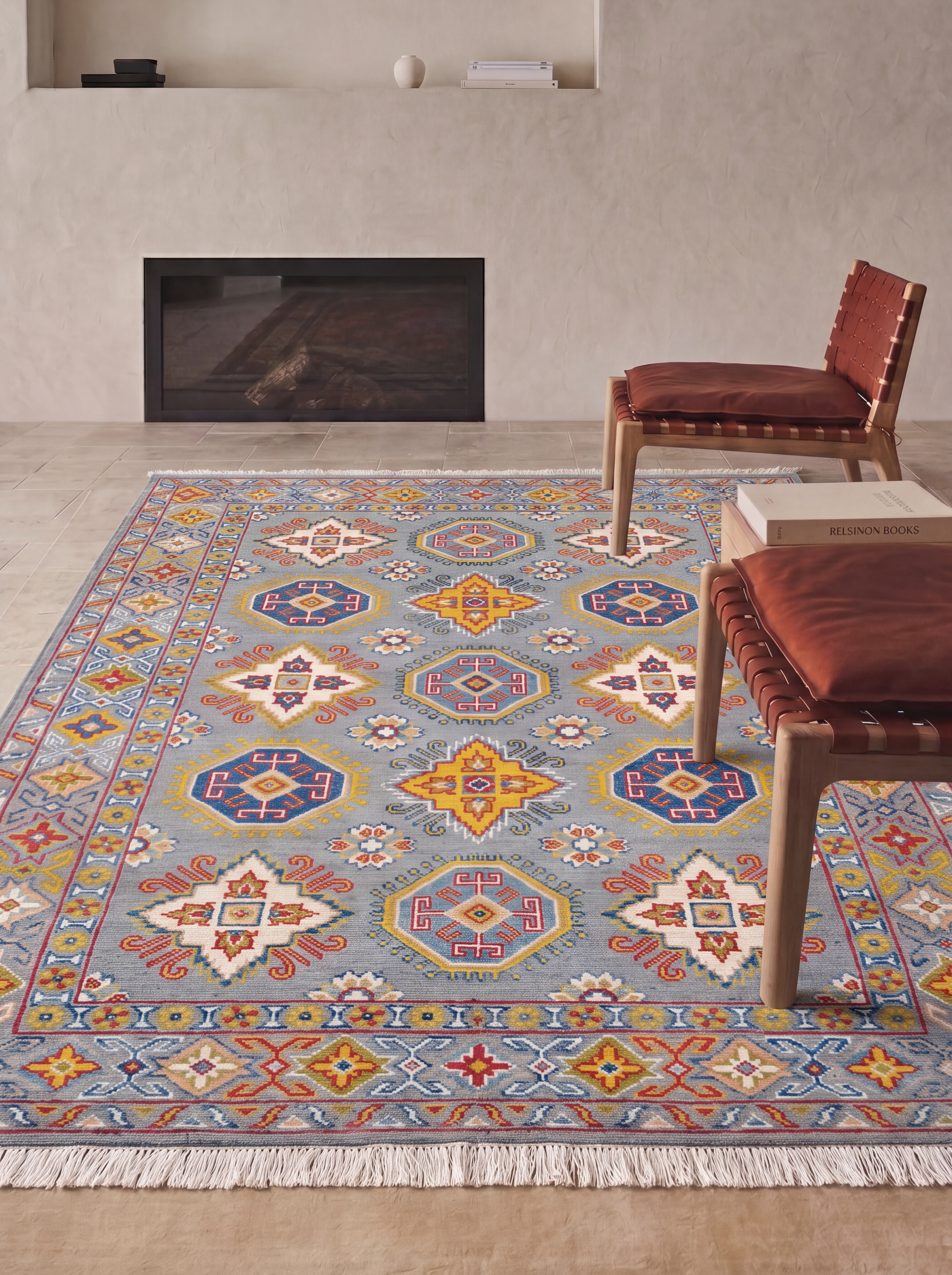 Kazakh Geometric Medallion Grey, Kazakh, Afghanistan (Afghan-Kazakh weaving tradition) tribal rug, in steel grey, Wool, 187 × 126 cm (6'2" × 4'2"), Nasim Carpets Malaysia — view 2