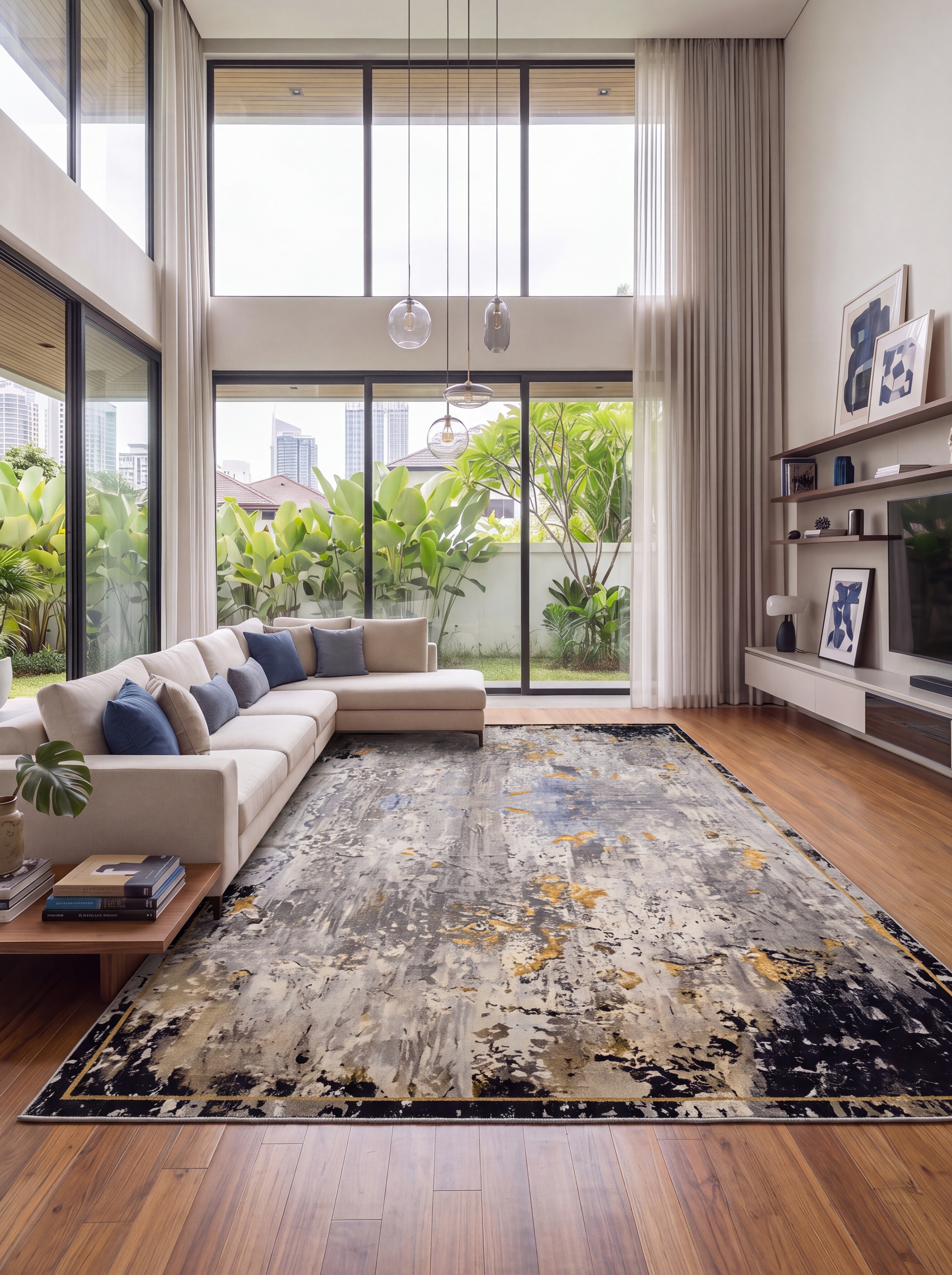 Contemporary Abstract Charcoal Gold, Belgium / Turkey (Western European machine-made contemporary) modern rug, in charcoal grey, Wool, 213 × 305 cm (7'0" × 10'0"), Nasim Carpets Malaysia — view 2