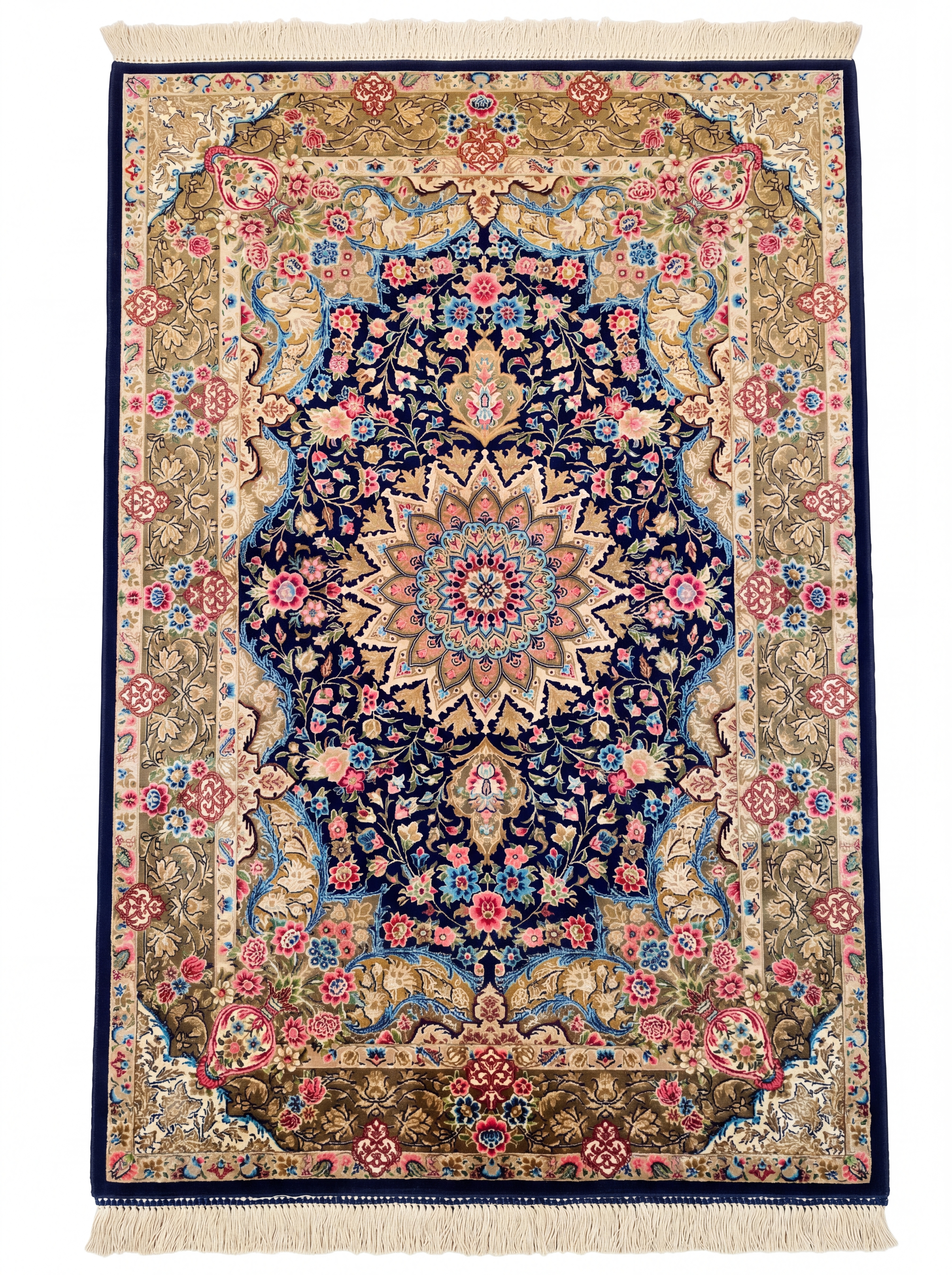 Qum Medallion Floral Navy, Qum (Qom), Iran bespoke rug, in midnight navy, Bamboo Silk, 91 × 152 cm (3'0" × 5'0"), Nasim Carpets Malaysia — view 1