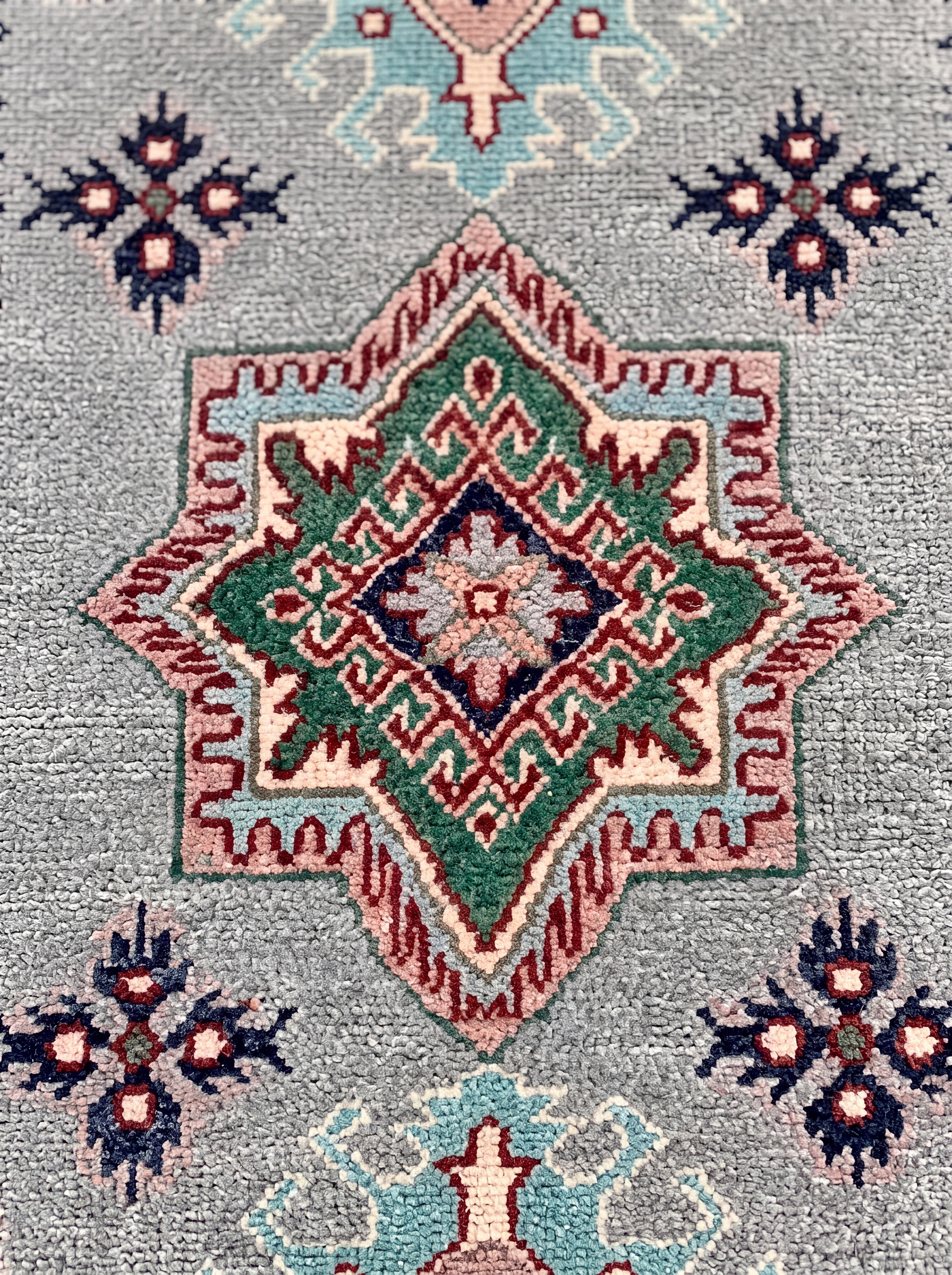 Kazak Medallion Runner Steel Blue, Kazak, Caucasus (Afghan-woven in Kazak tradition) tribal rug, in steel blue, Wool, 291 × 77 cm (9'7" × 2'6"), Nasim Carpets Malaysia — view 3