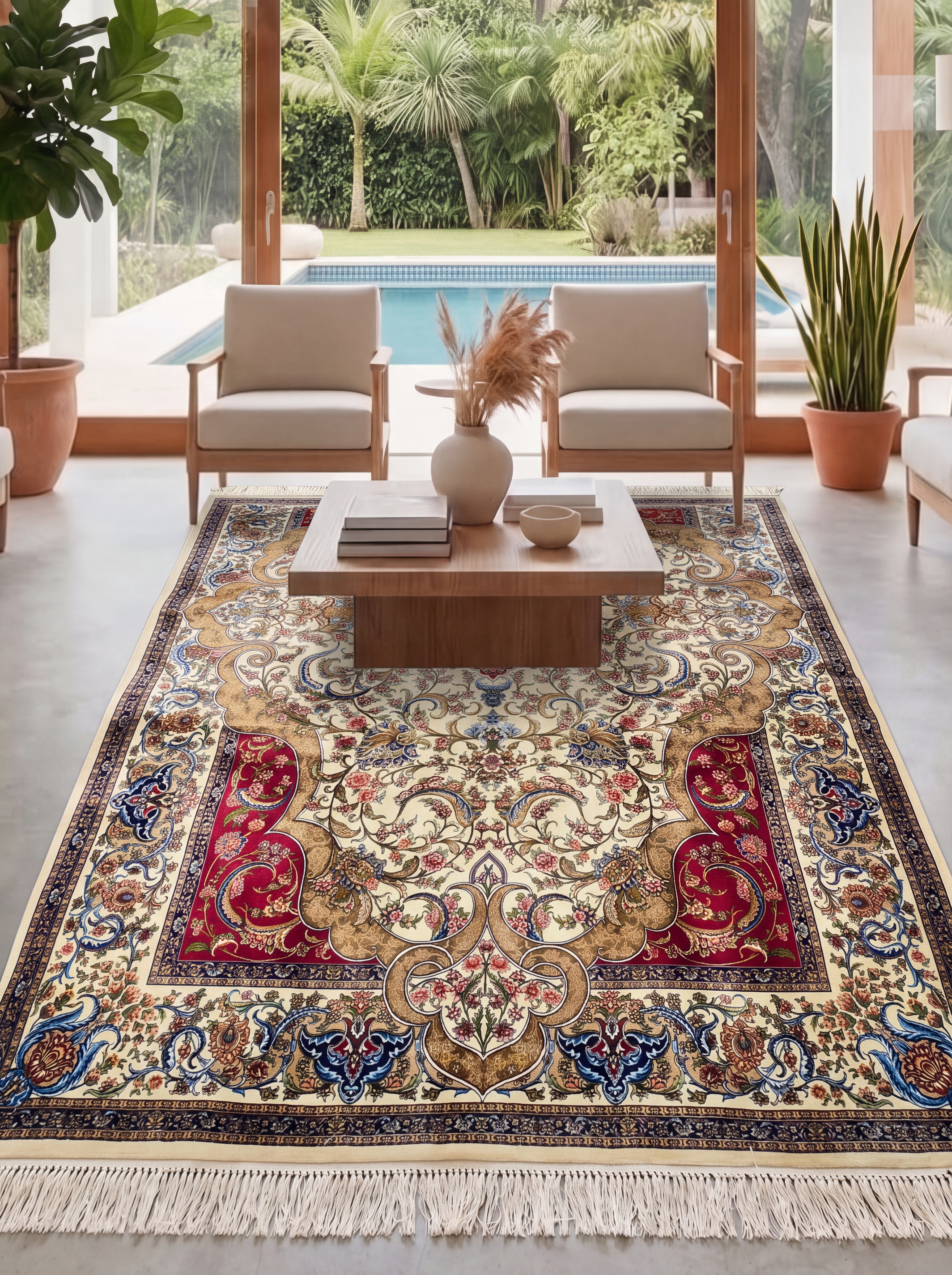 Isfahan Medallion Ivory Red, Isfahan, Iran bespoke rug, in ivory, Bamboo Silk, 91 × 152 cm (3'0" × 5'0"), Nasim Carpets Malaysia — view 3