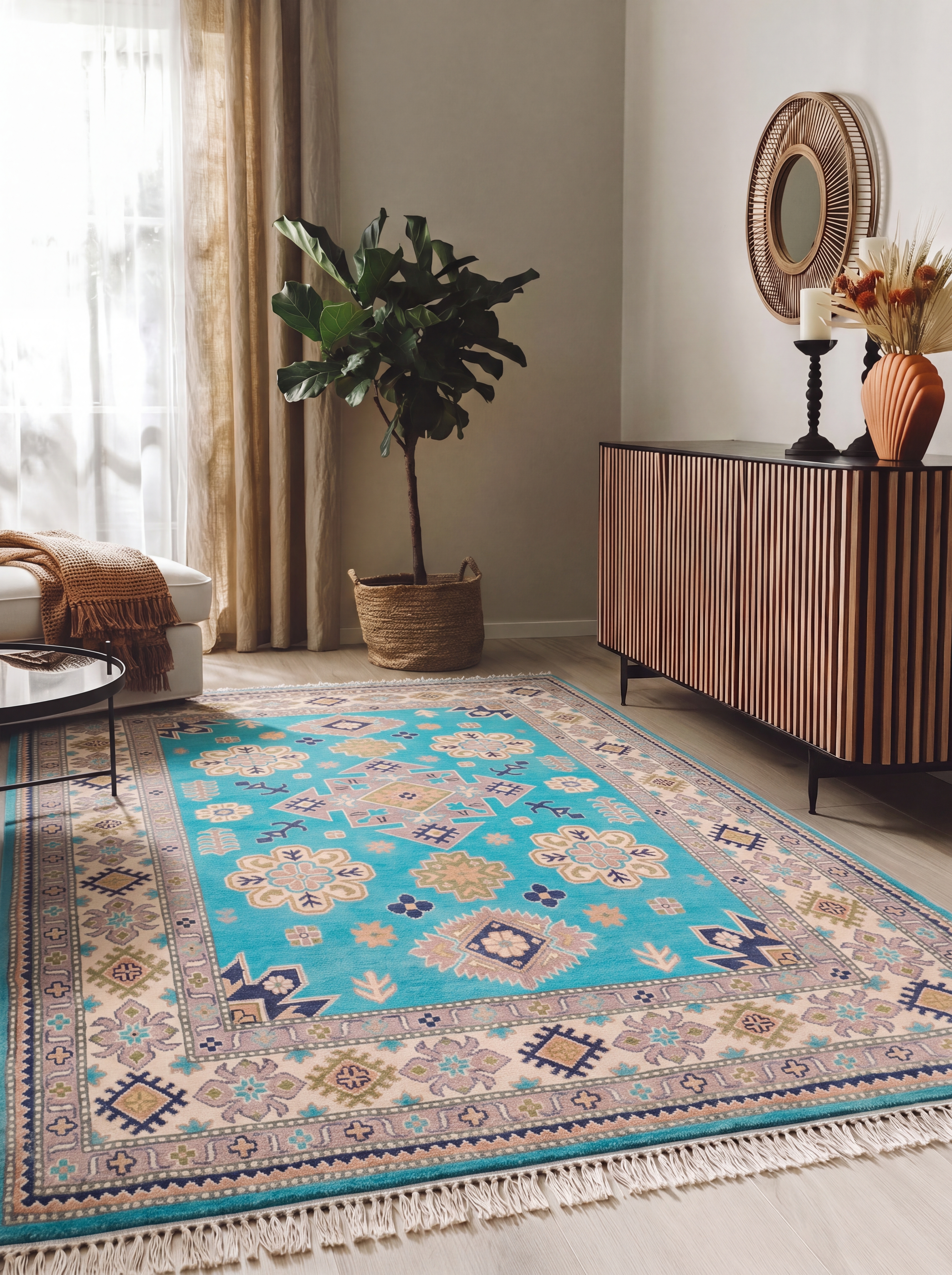 Kazak Medallion Turquoise, Caucasian Kazak, Afghanistan (Pakistani-Afghan revival tradition) tribal rug, in turquoise, Wool, 205 × 182 cm (6'9" × 6'0"), Nasim Carpets Malaysia — view 2