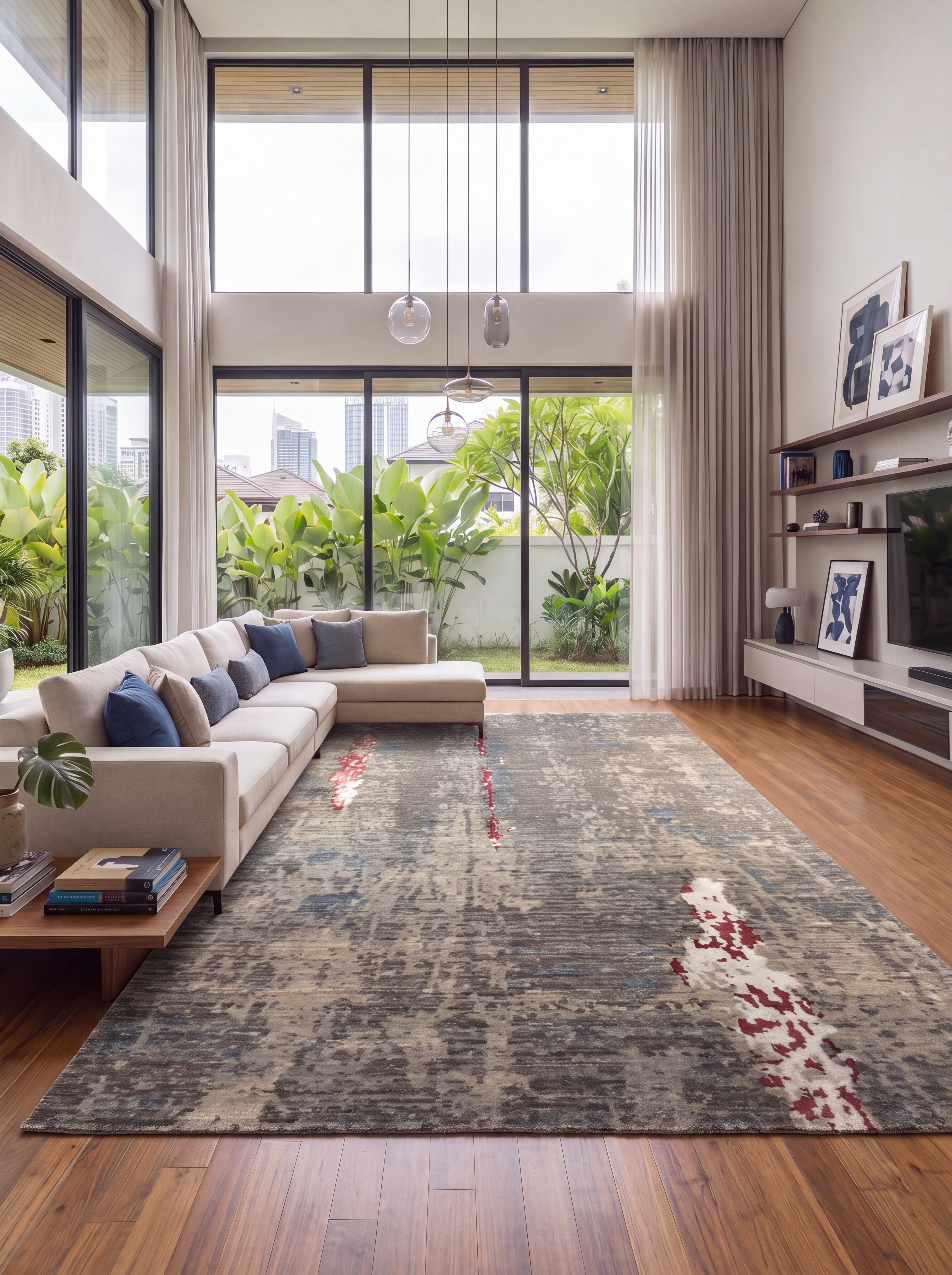 Indo-Persian Abstract Expressionist Grey, Jaipur, India (Indo-Persian tradition) modern rug, in weathered grey, Wool, 305 × 439 cm (10'0" × 14'5"), Nasim Carpets Malaysia — view 2