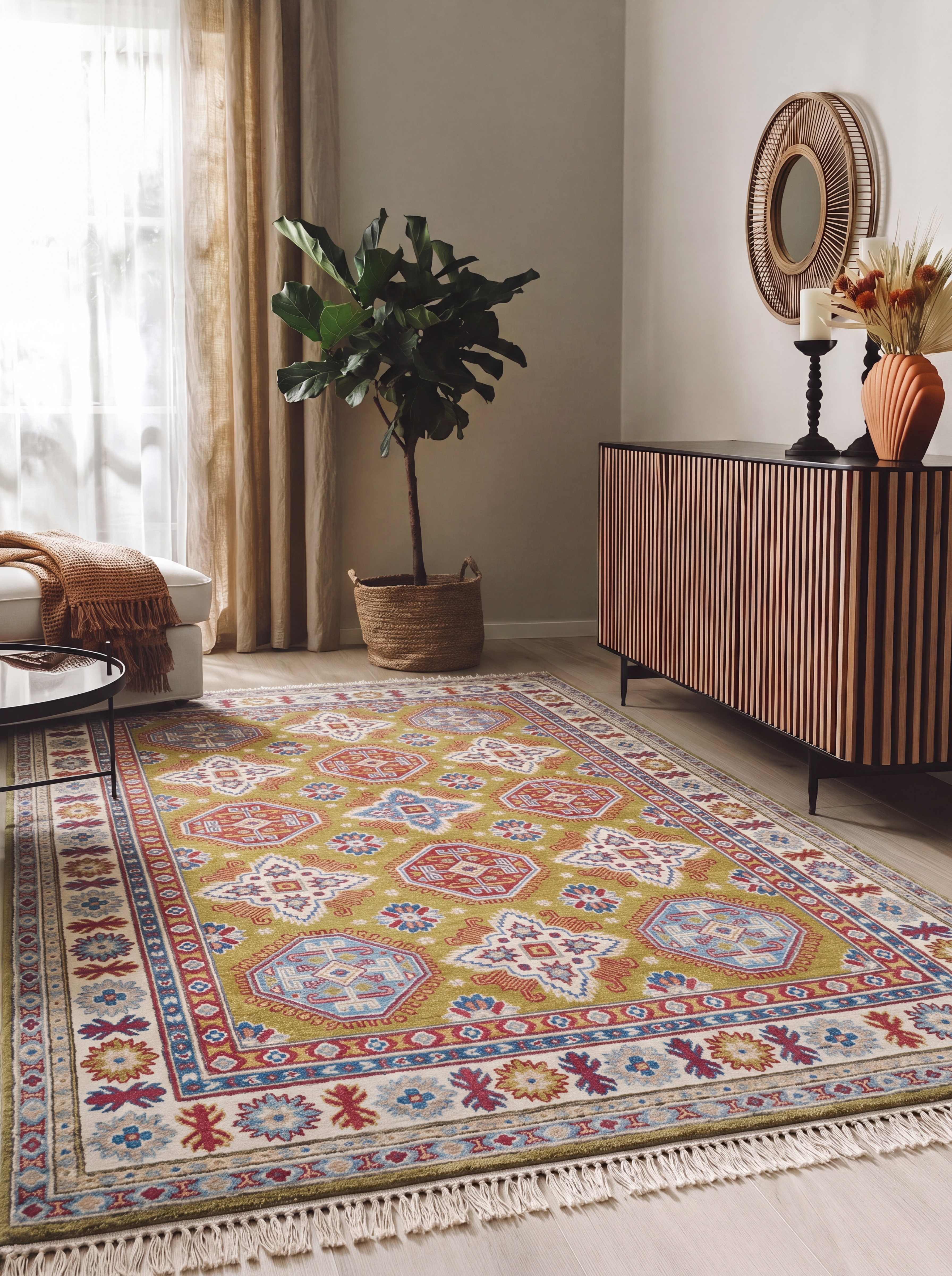 Kazakh Geometric Medallion Olive, Kazakhstan tribal rug, in olive green, Wool, 151 × 206 cm (4'11" × 6'9"), Nasim Carpets Malaysia — view 2