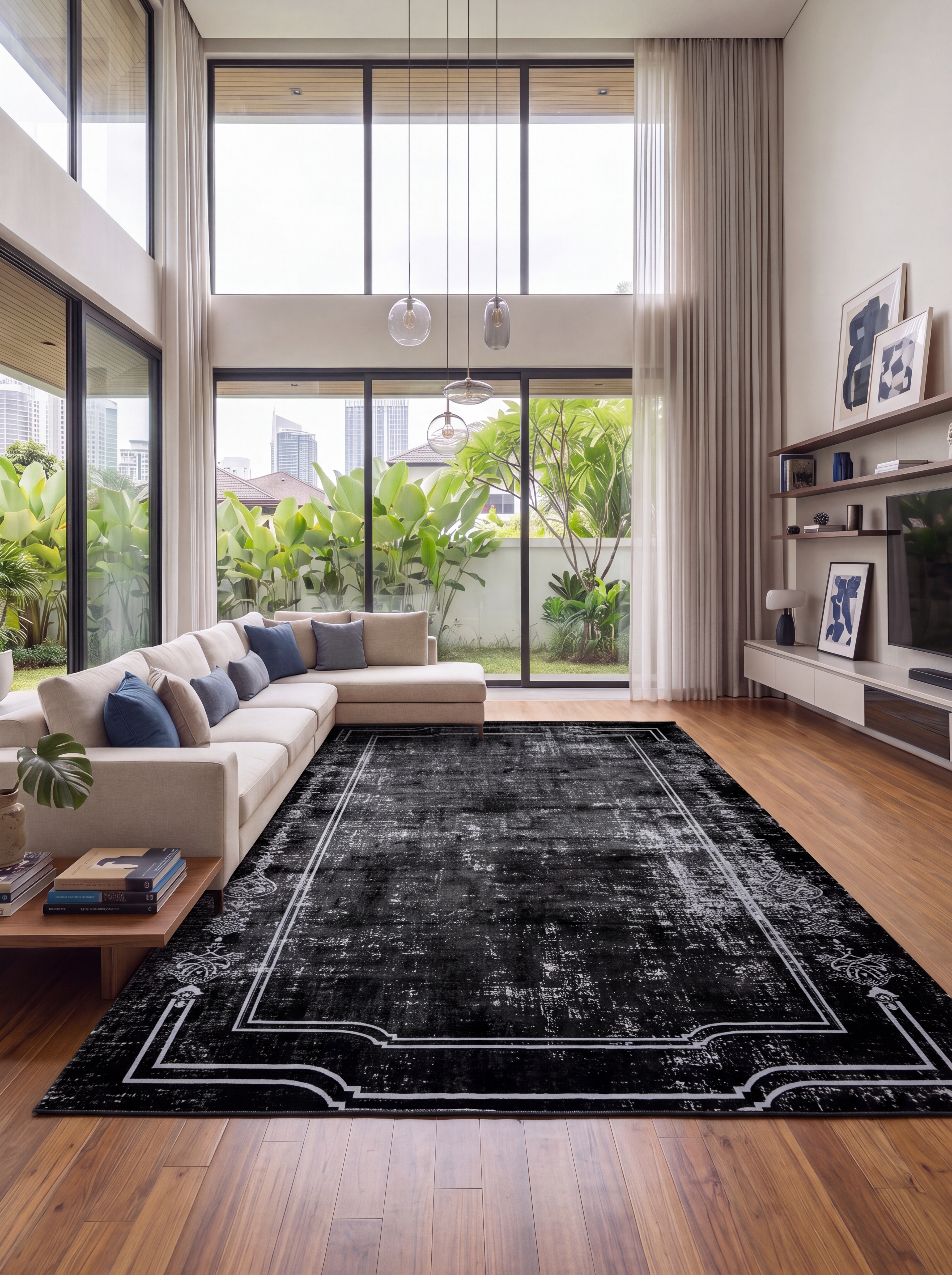 European Neoclassical Border Charcoal, Western Europe (French/Belgian Neoclassical tradition) modern rug, in charcoal black, Wool, 213 × 305 cm (7'0" × 10'0"), Nasim Carpets Malaysia — view 2