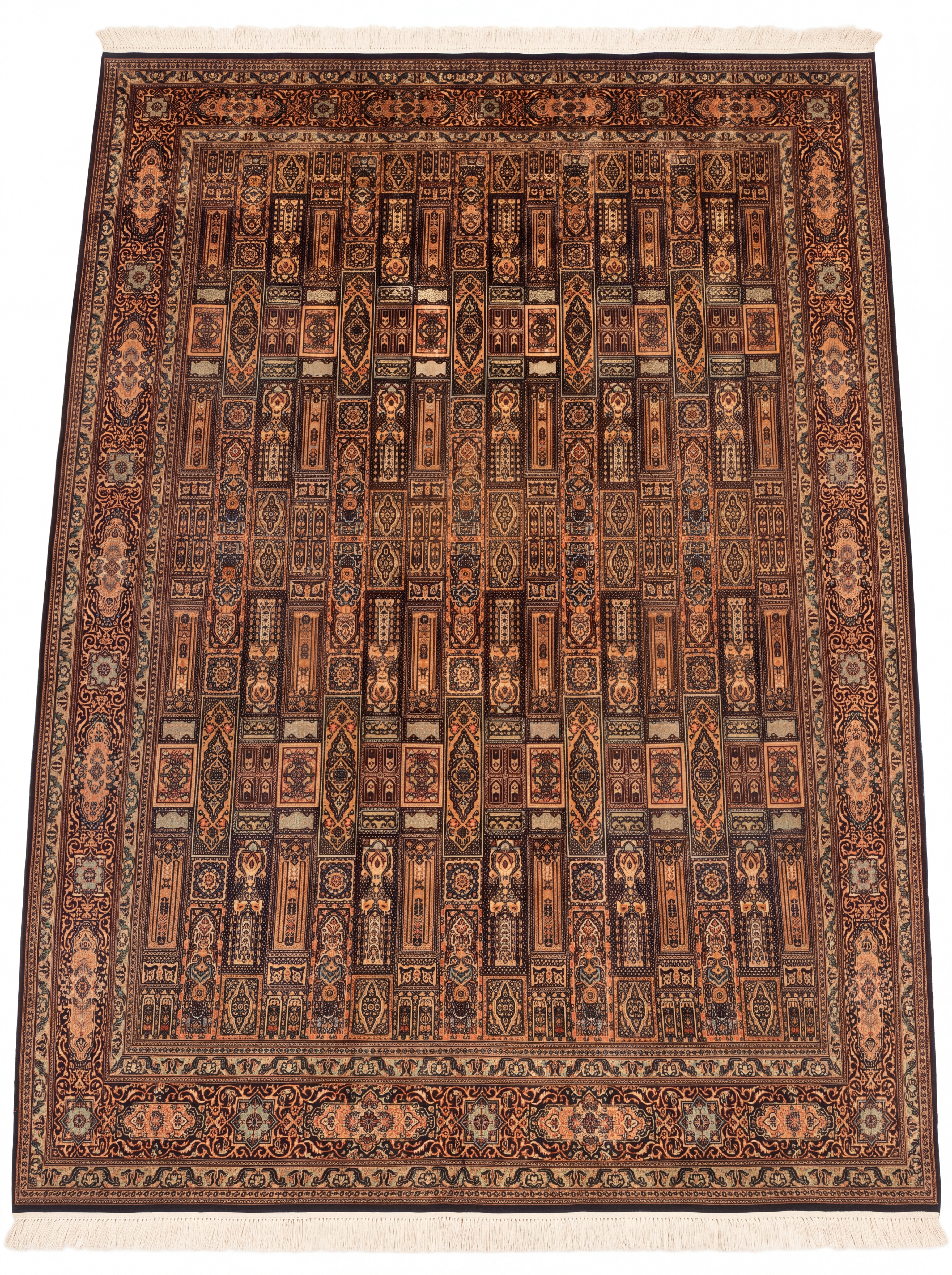 Kashmir Silk Compartment Teal Gold, Kashmir, India persian rug, in antique gold, Pure Silk, 244 × 335 cm (8'0" × 11'0"), Nasim Carpets Malaysia — view 1