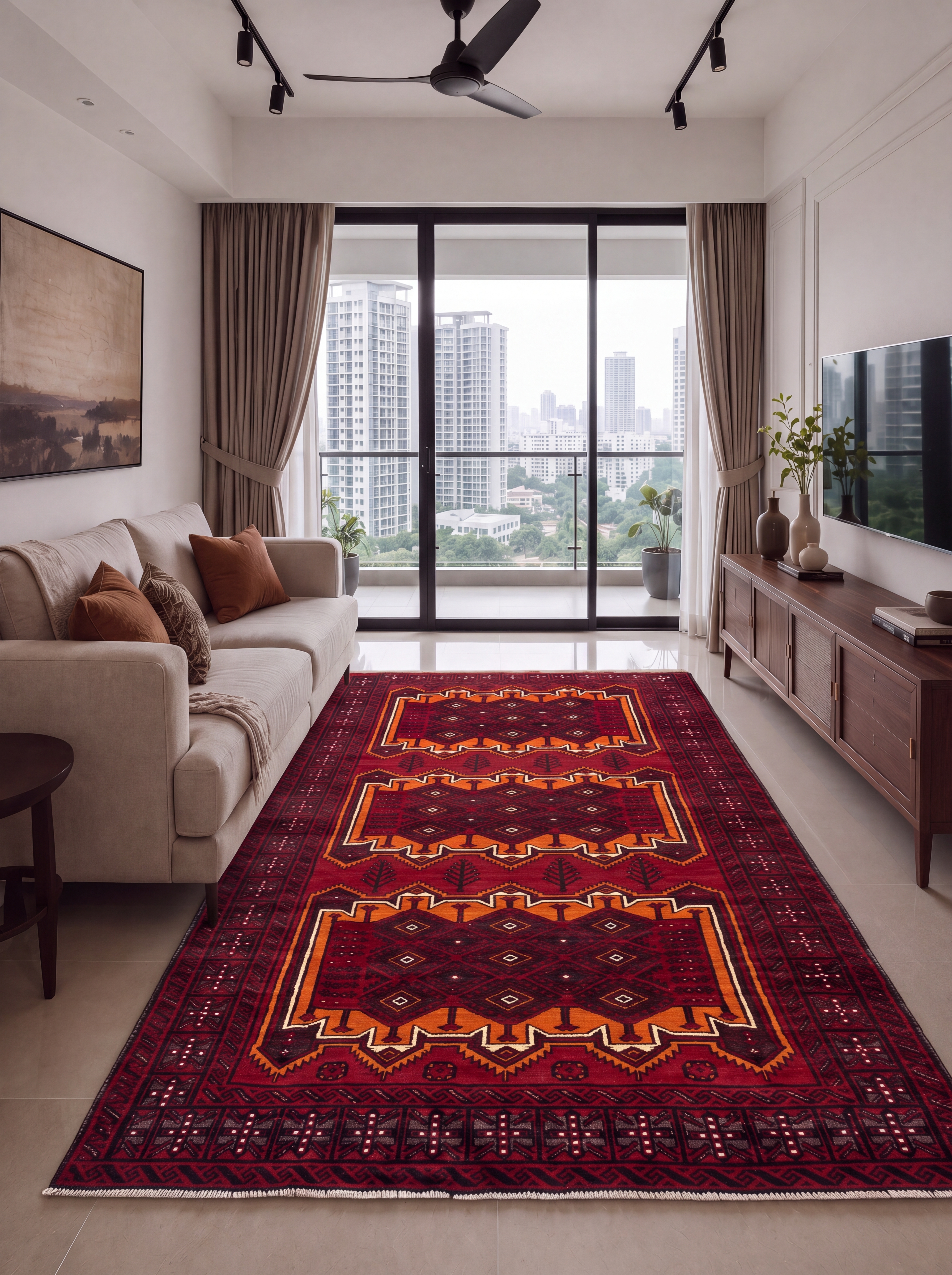 Baluch Geometric All-Over Crimson, Baluchistan, Afghanistan/Pakistan Border Region tribal rug, in madder crimson, Wool, 152 × 302 cm (5'0" × 9'11"), Nasim Carpets Malaysia — view 2