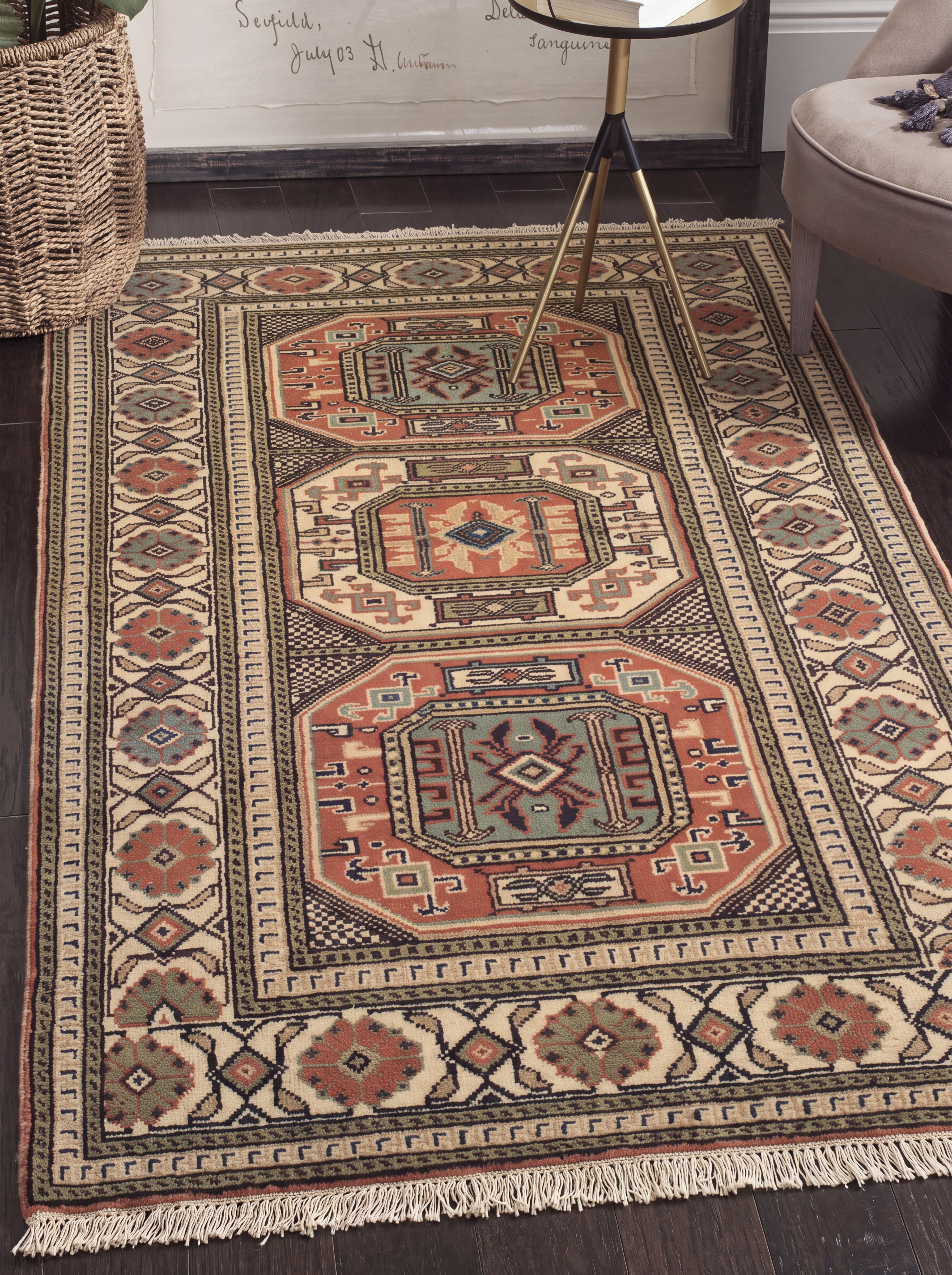 Kazak Triple Medallion Terracotta, Kazak, Caucasus (Southwest Azerbaijan / Armenia border region) tribal rug, in terracotta red, Wool, 154 × 87 cm (5'1" × 2'10"), Nasim Carpets Malaysia — view 2
