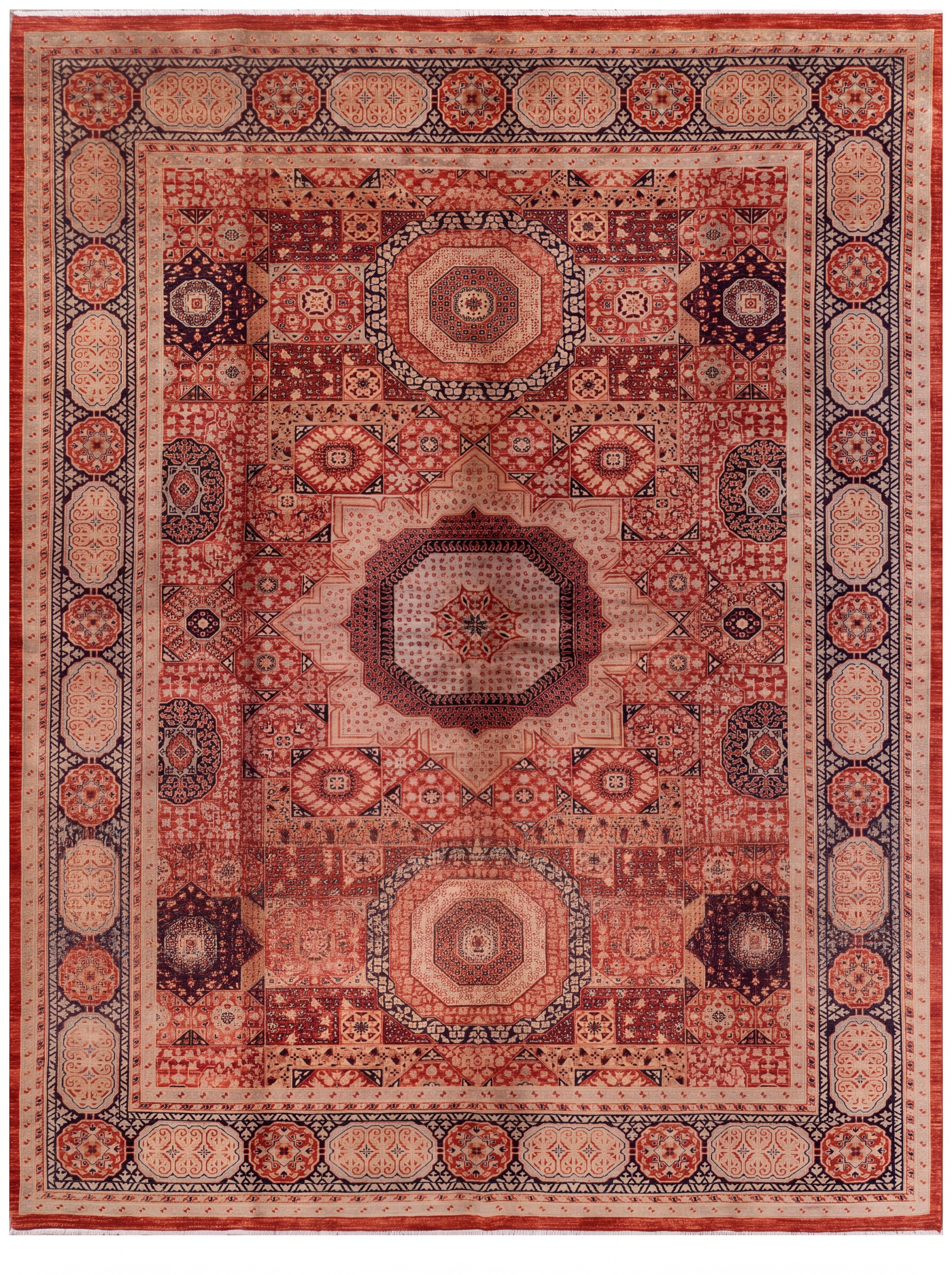 Mamluk Compartmental Rust Red, Afghan Mamluk Revival, Afghanistan tribal rug, in madder rust red, Wool, 363 × 280 cm (11'11" × 9'2"), Nasim Carpets Malaysia — view 1