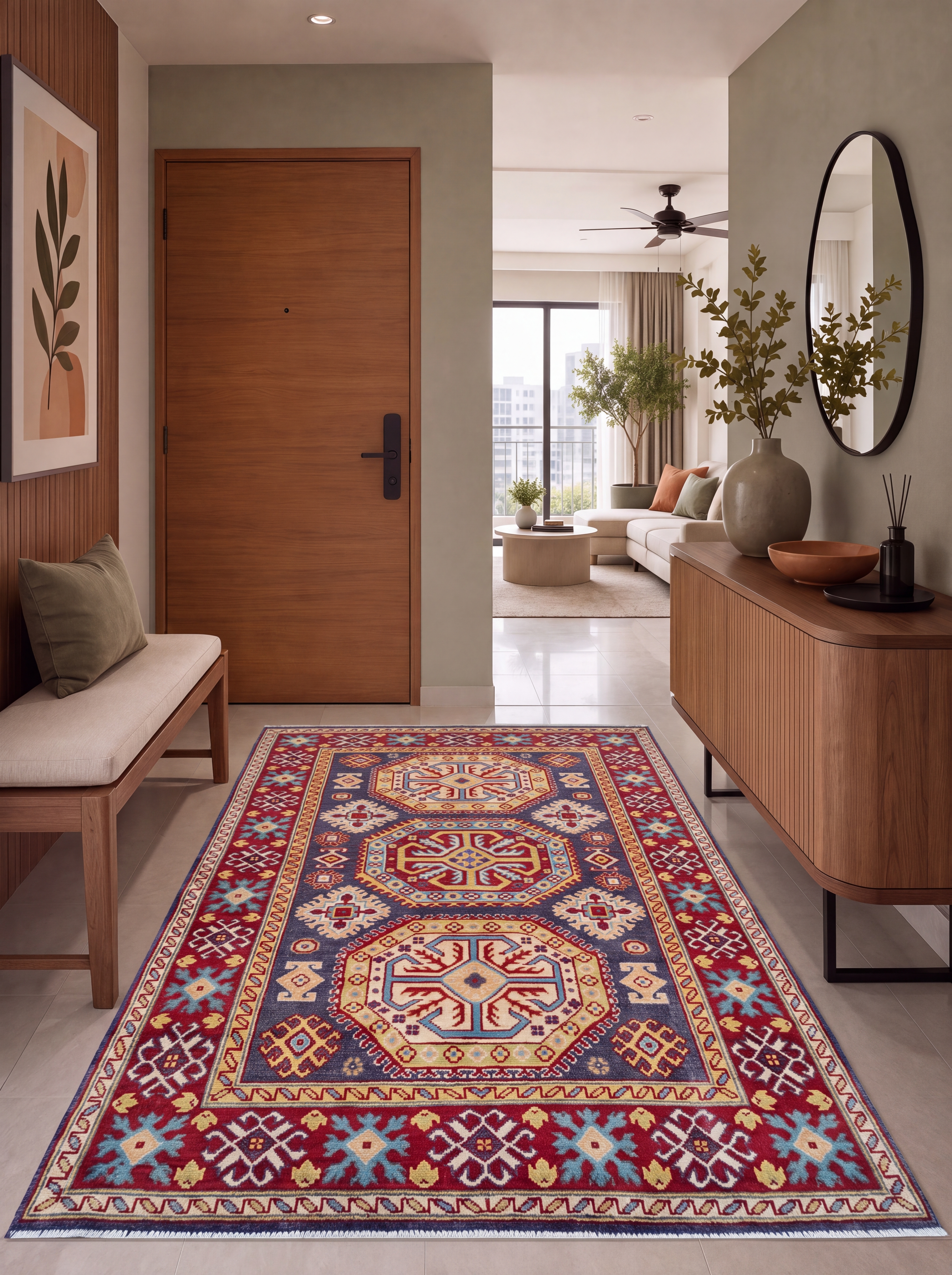 Kazakh Triple Medallion Indigo Red, Kazakh-style, Afghanistan (Afghan-Kazakh revival weaving) tribal rug, in indigo blue, Wool, 178 × 126 cm (5'10" × 4'2"), Nasim Carpets Malaysia — view 2