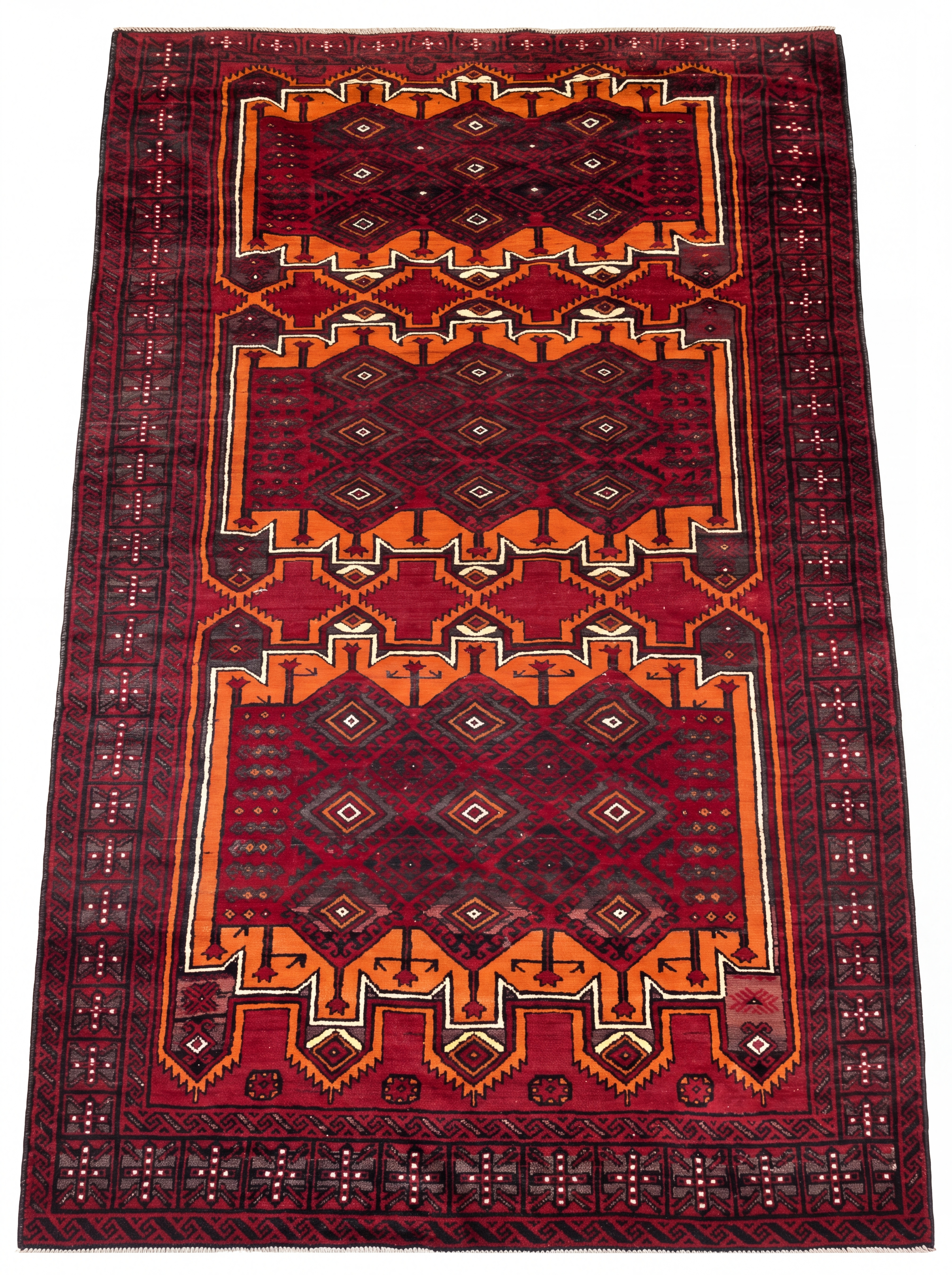 Baluch Geometric All-Over Crimson, Baluchistan, Afghanistan/Pakistan Border Region tribal rug, in madder crimson, Wool, 152 × 302 cm (5'0" × 9'11"), Nasim Carpets Malaysia — view 1