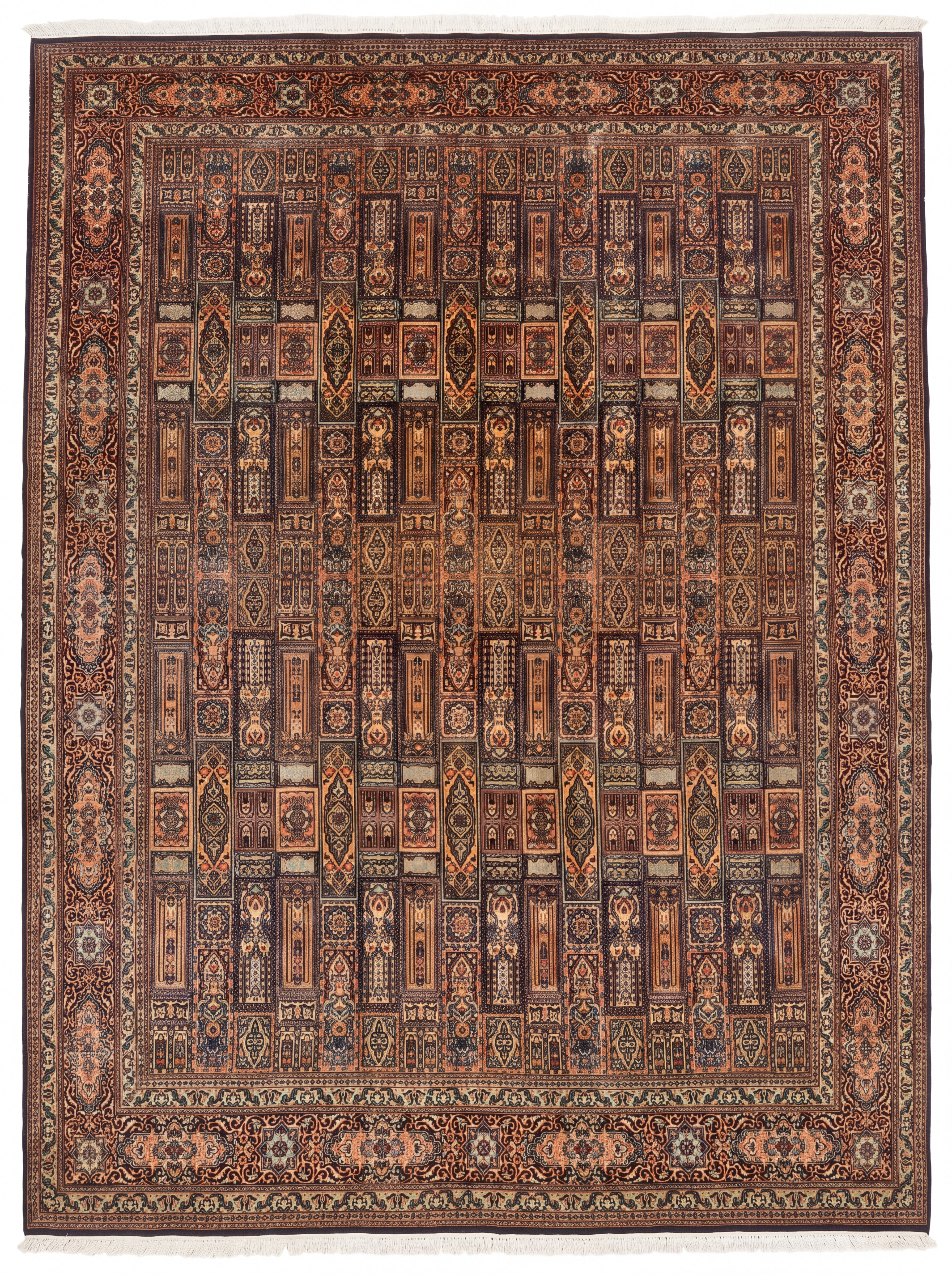 Kashmir Silk Compartment Teal Gold, Kashmir, India persian rug, in antique gold, Pure Silk, 244 × 335 cm (8'0" × 11'0"), Nasim Carpets Malaysia — view 1