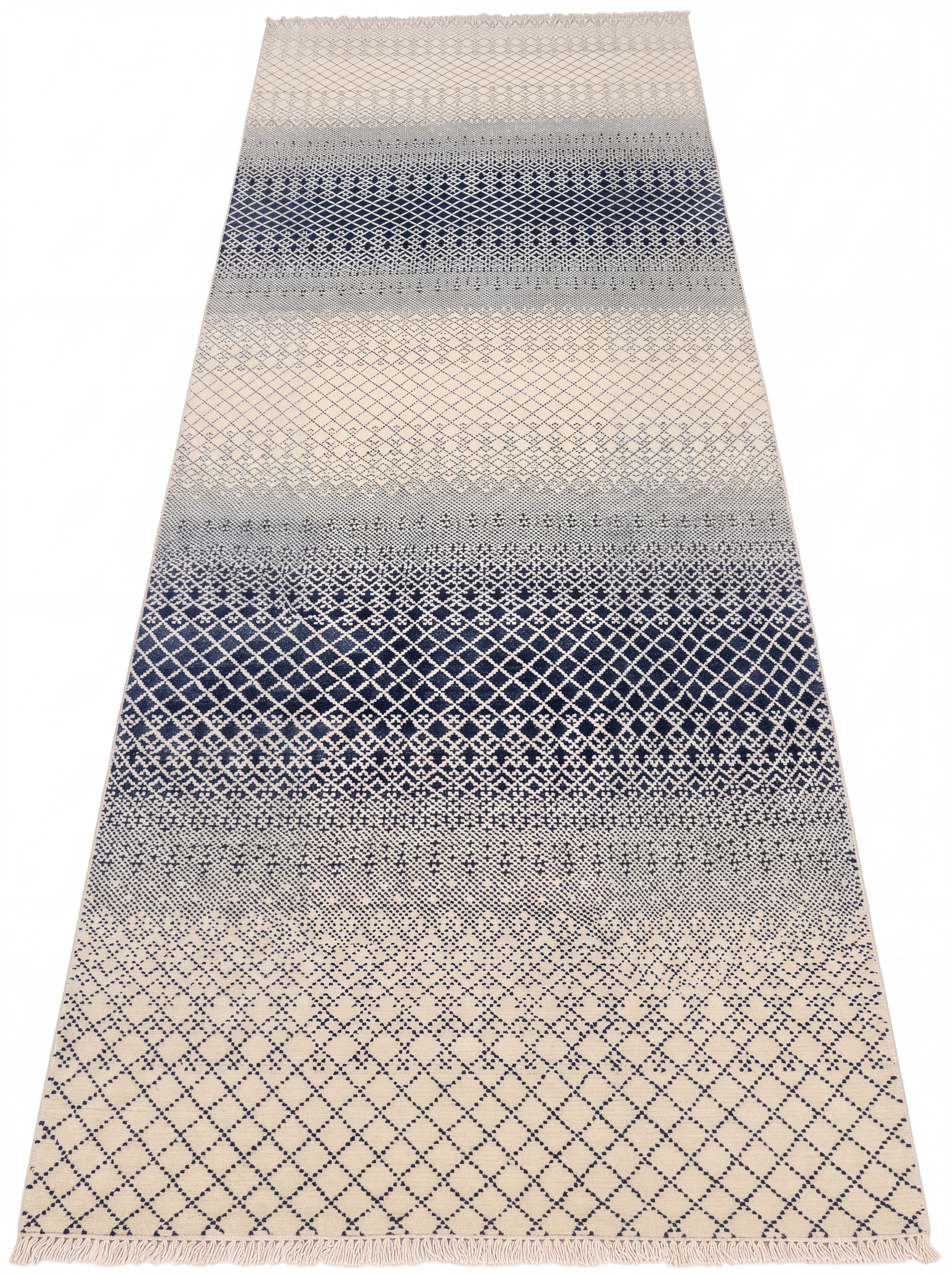 Indo-Modern Ombre Diamond Ivory Navy, Bhadohi, India modern rug, in ivory, Wool, 152 × 366 cm (5'0" × 12'0"), Nasim Carpets Malaysia — view 1