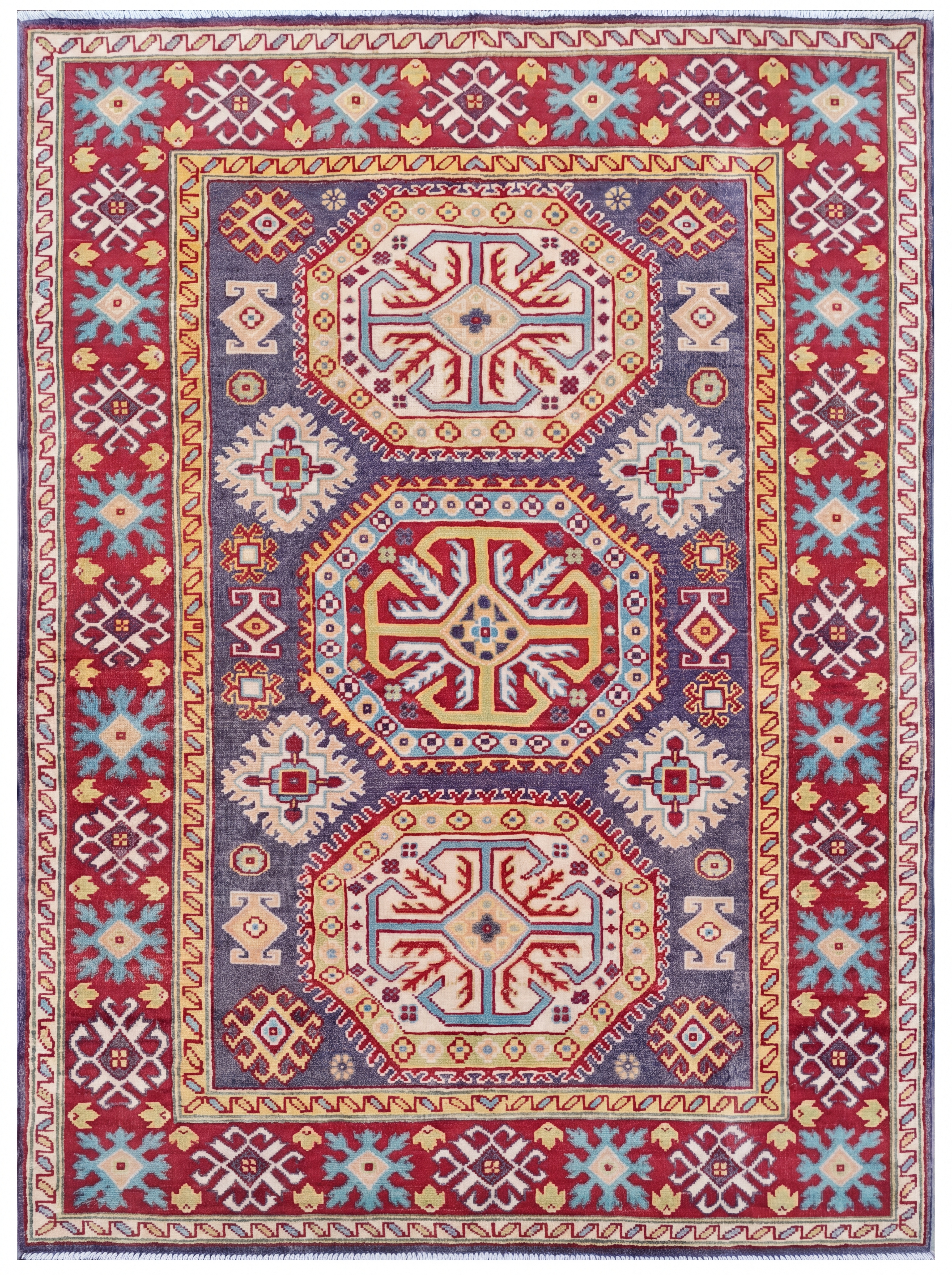 Kazakh Triple Medallion Indigo Red, Kazakh-style, Afghanistan (Afghan-Kazakh revival weaving) tribal rug, in indigo blue, Wool, 178 × 126 cm (5'10" × 4'2"), Nasim Carpets Malaysia — view 1