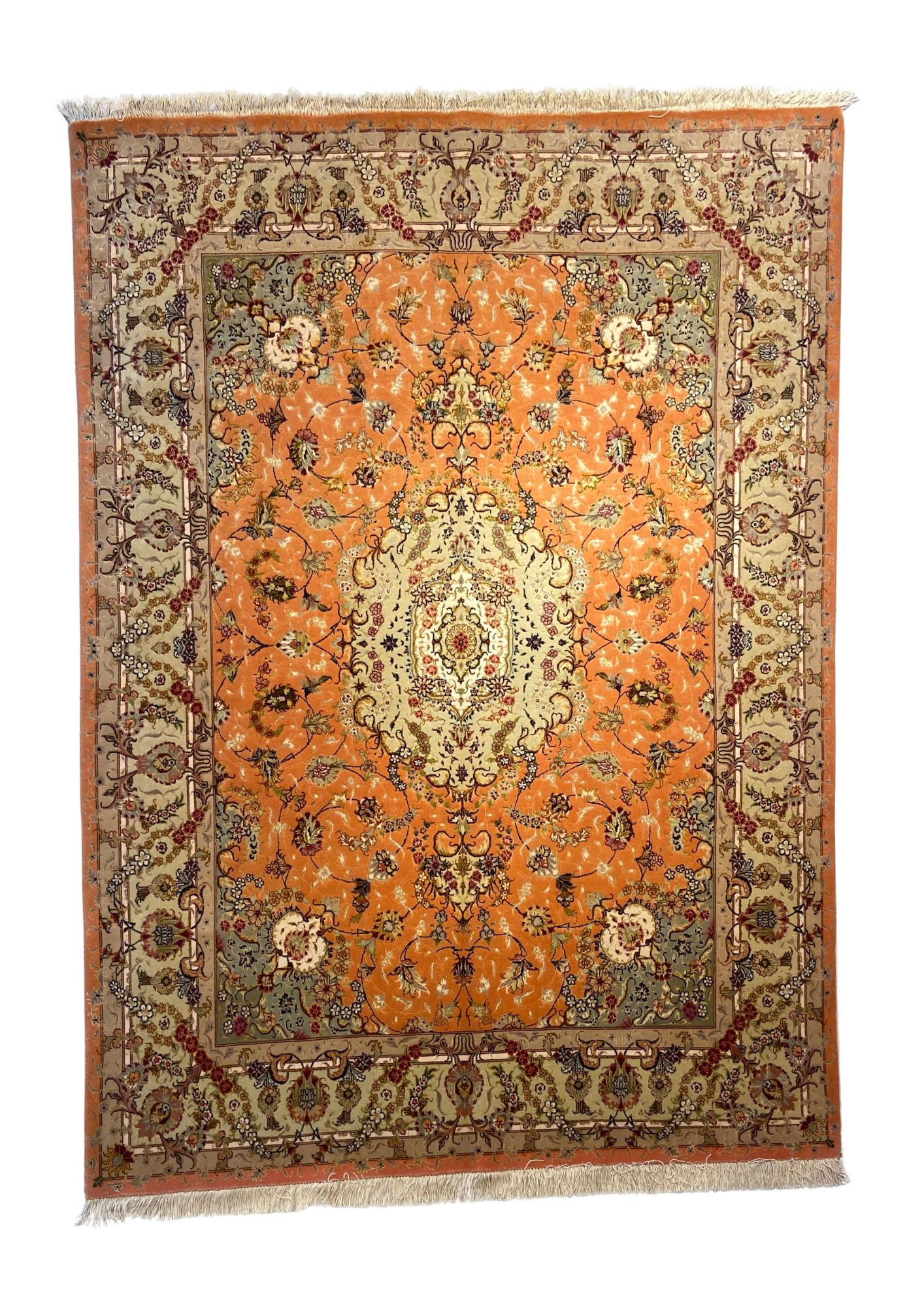 Tabriz Haj Jalili-Style Medallion, Tabriz persian rug, in orange, Wool & Pure Silk, 152 × 243 cm (5'0" × 8'0"), Nasim Carpets Malaysia — view 1