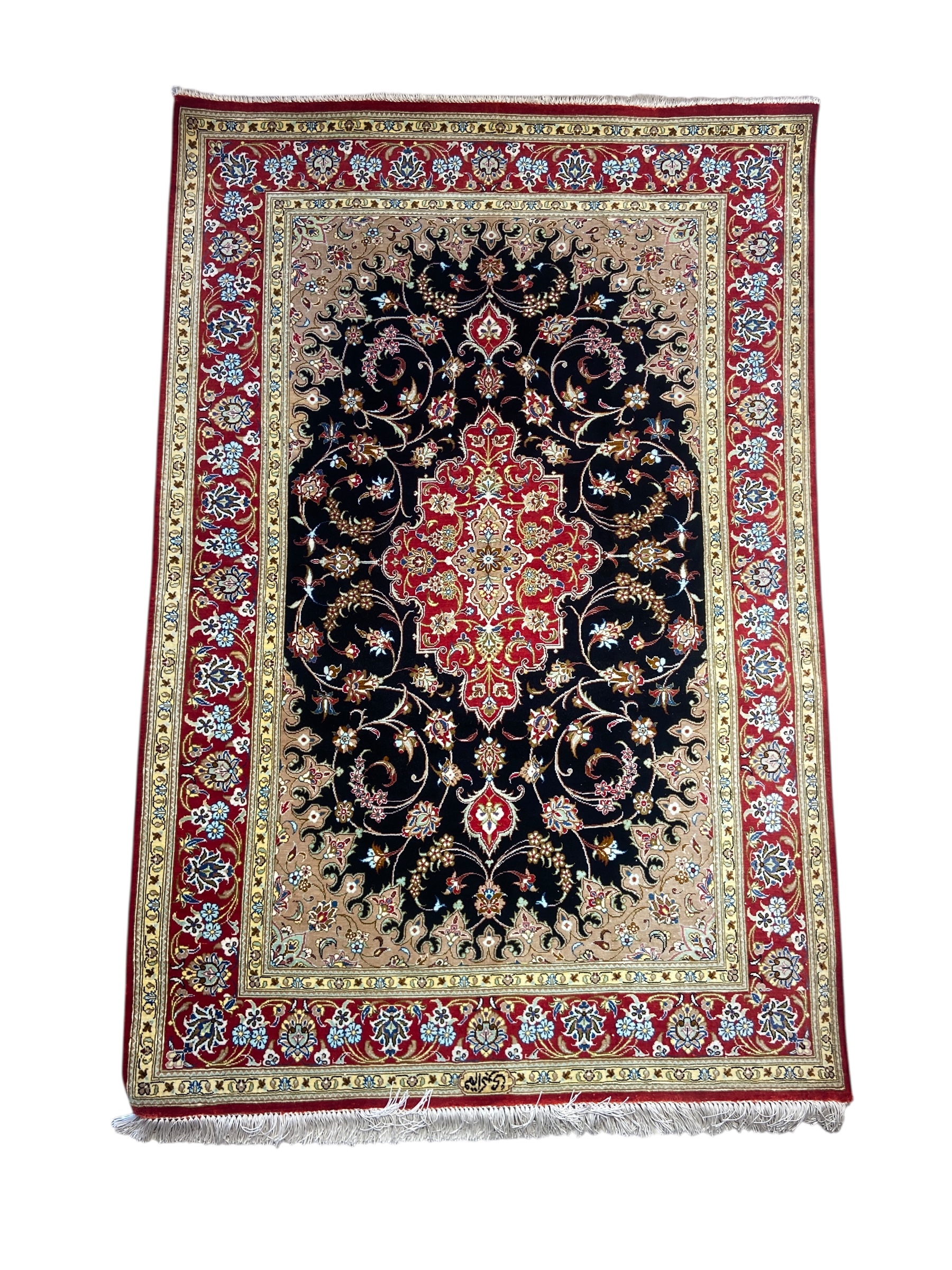 Qum Silk Medallion, Qum persian rug, in black, Pure Silk, 91 × 152 cm (3'0" × 5'0"), Nasim Carpets Malaysia — view 1