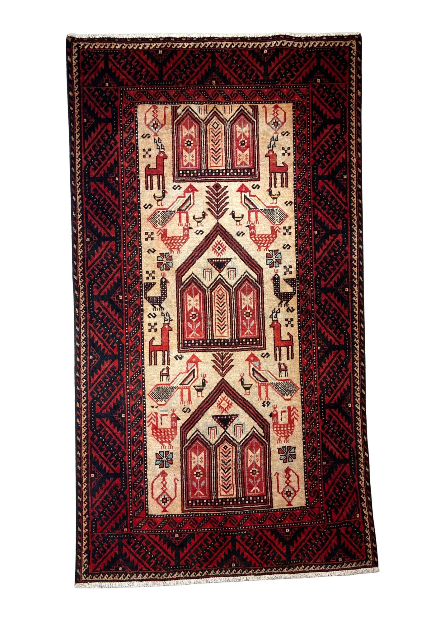 Close-up of tribal rug showing hand-knotted construction
