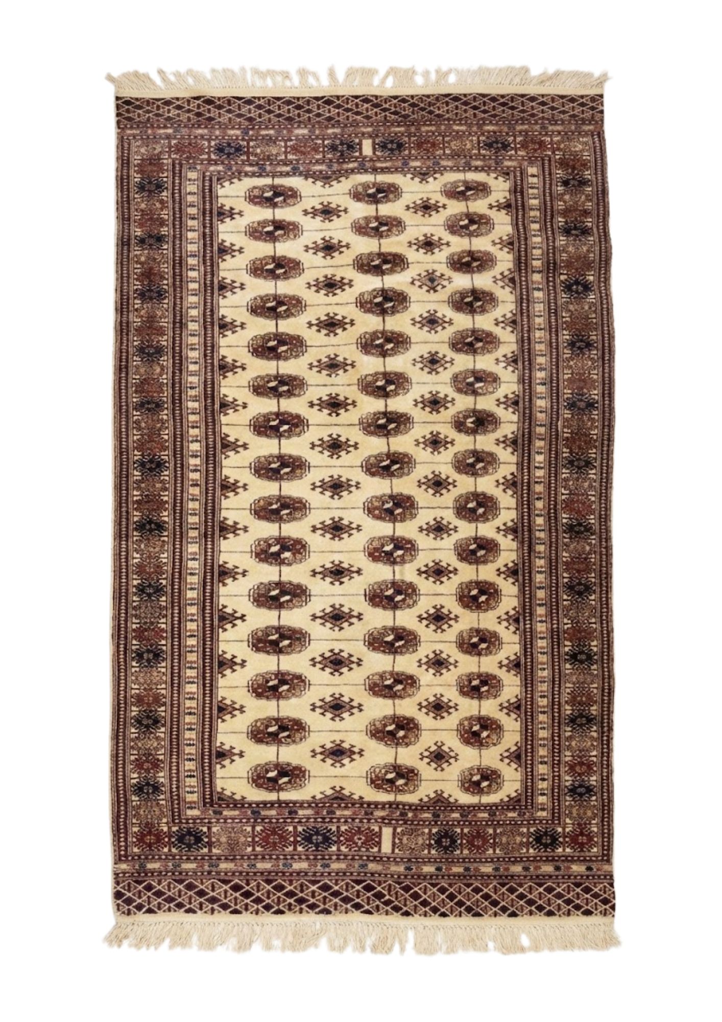 Vintage Turkmen Bokhara Tekke Gul Medallions, in ivory, Wool, 1.2 × 1.8 m (3'11" × 5'11"), Nasim Carpets Malaysia — view 1