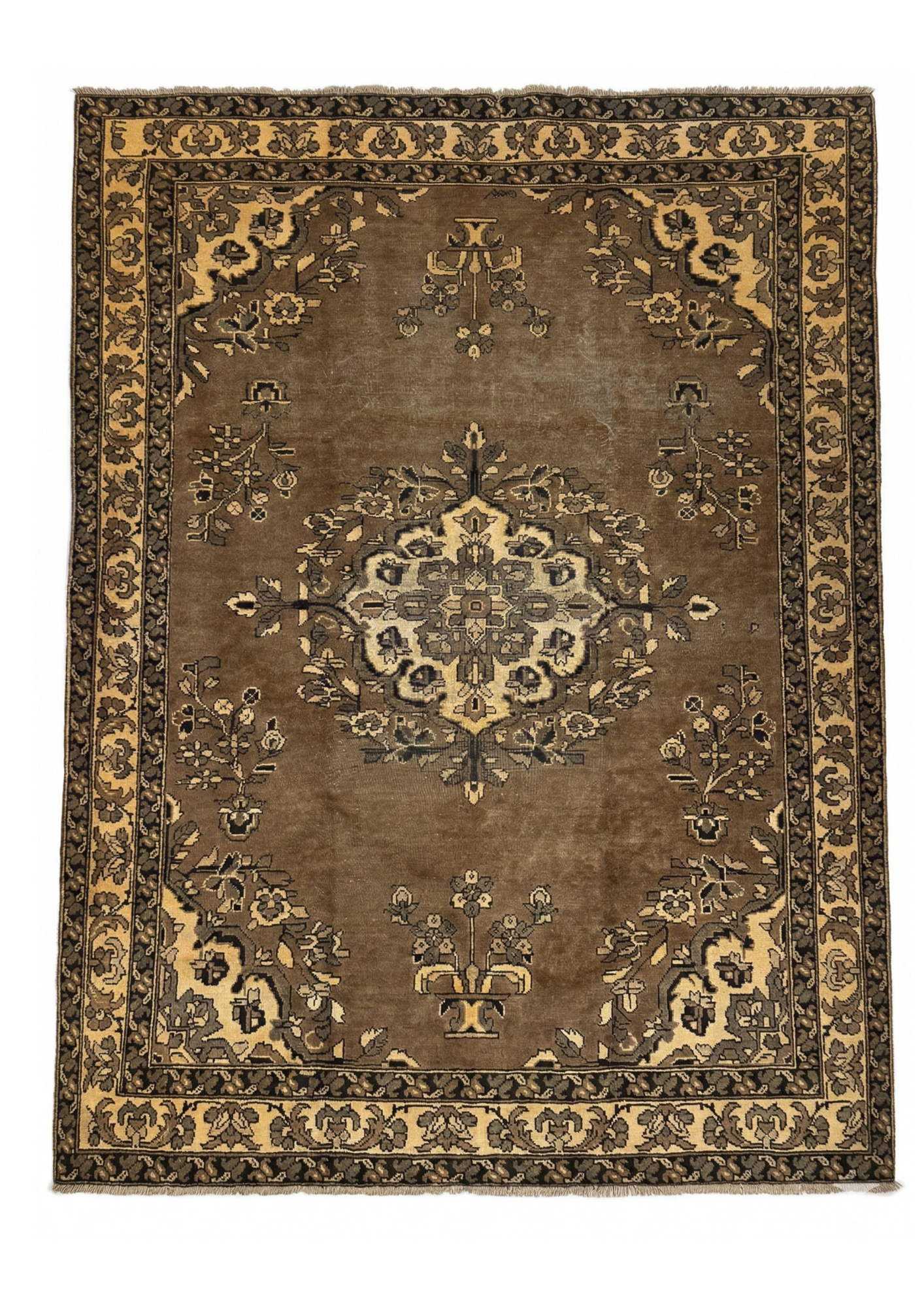 Vintage Tabriz-Style Brown Floral Medallion, persian rug, 213 × 305 cm (7'0" × 10'0"), Wool