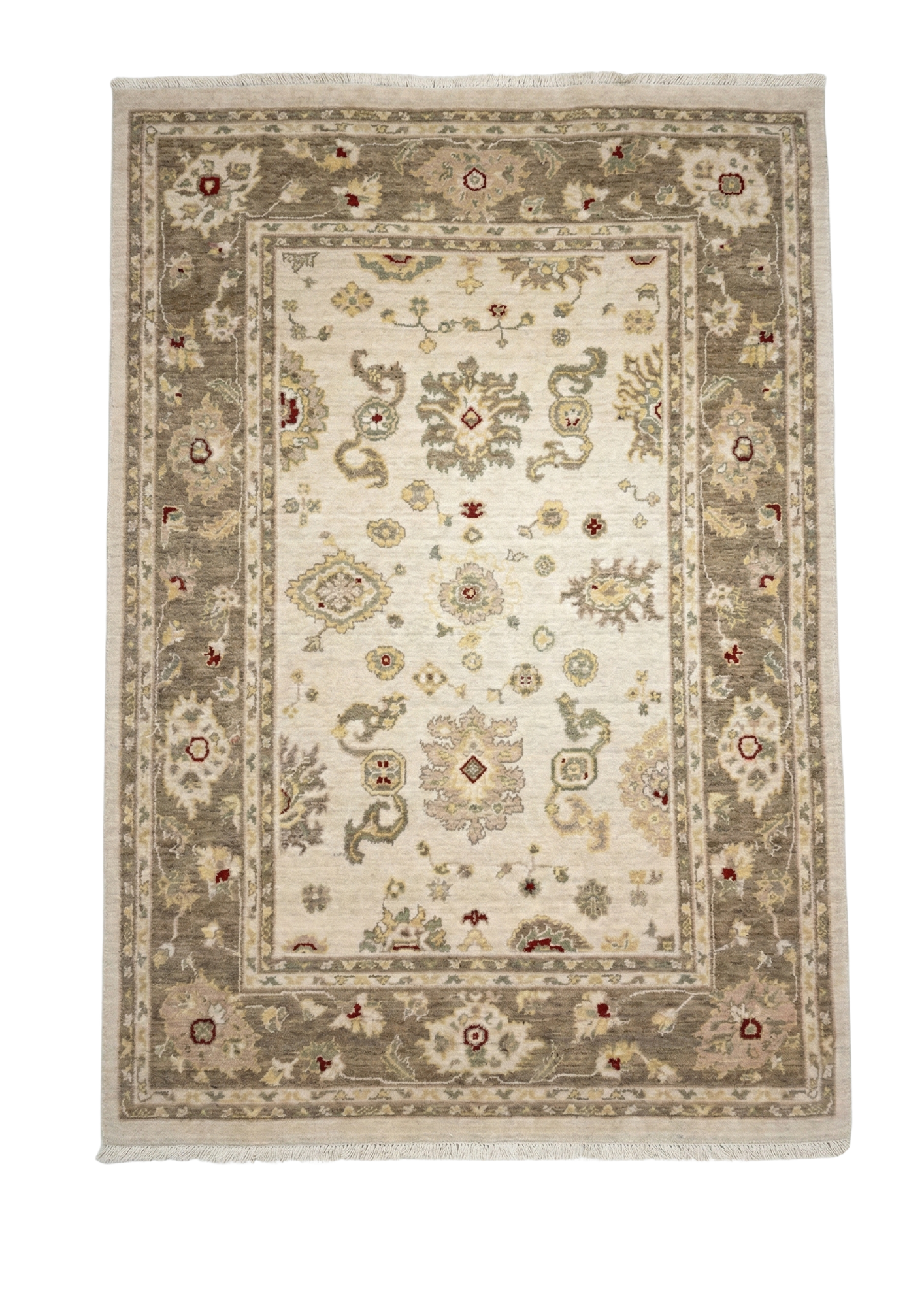 Oushak-Style Ivory & Taupe Floral, modern rug, 121 × 182 cm (4'0" × 6'0"), Wool