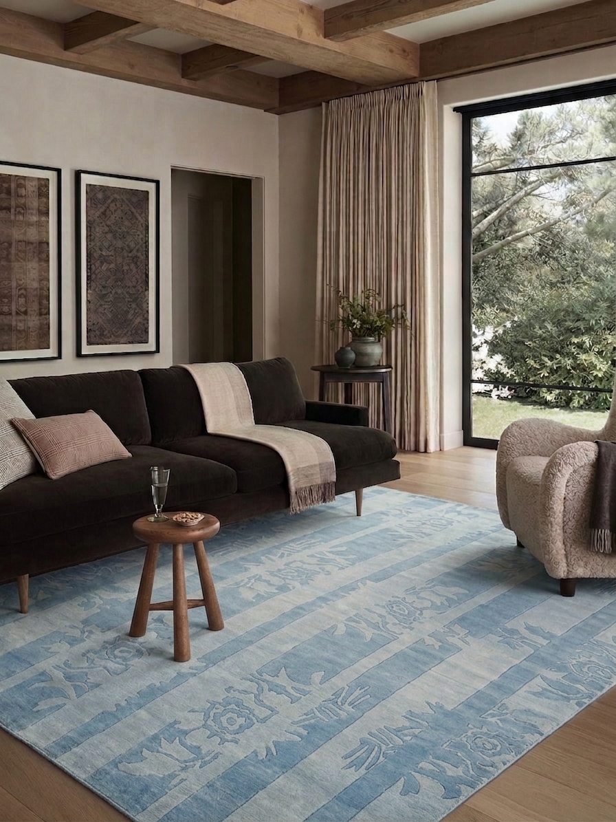 Nepal Botanical Stripe Powder Blue, Nepal modern rug, in powder blue, Wool, 122 × 238 cm (4'0" × 7'10"), Nasim Carpets Malaysia — view 2