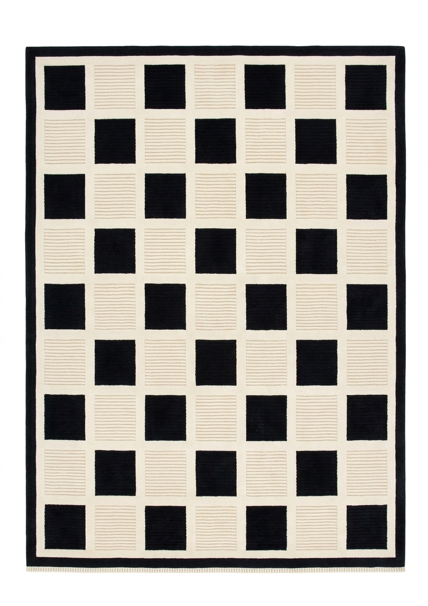 Tibetan Grid Black Ivory, Nepal modern rug, in ivory, Wool, 207 × 302 cm (6'9" × 9'11"), Nasim Carpets Malaysia — view 1