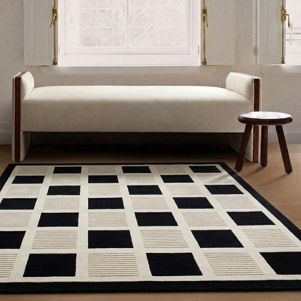 Tibetan Grid Black Ivory, Nepal modern rug, in ivory, Wool, 207 × 302 cm (6'9" × 9'11"), Nasim Carpets Malaysia — view 2