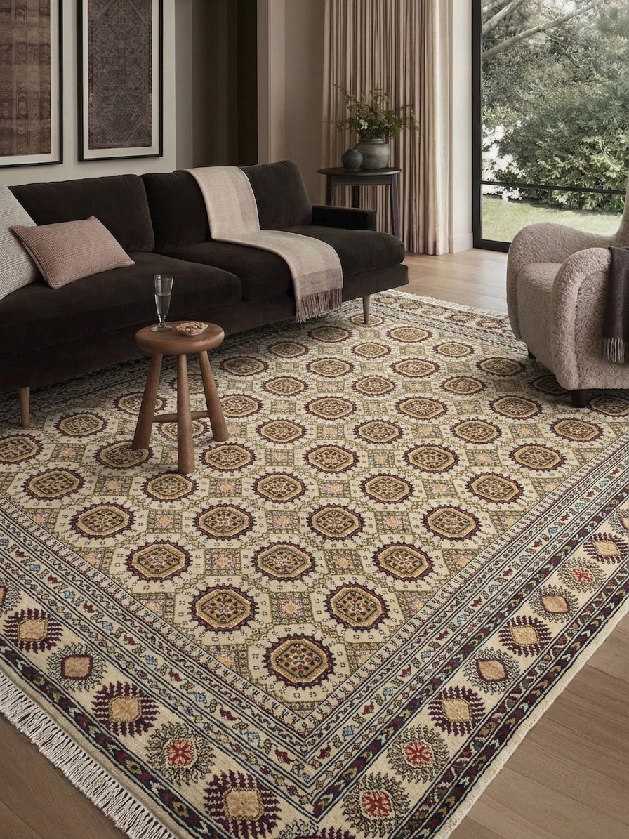 Bukhara Tekke Gul Ivory, Peshawar, Pakistan persian rug, in ivory, Wool, 302 × 402 cm (9'11" × 13'2"), Nasim Carpets Malaysia — view 2
