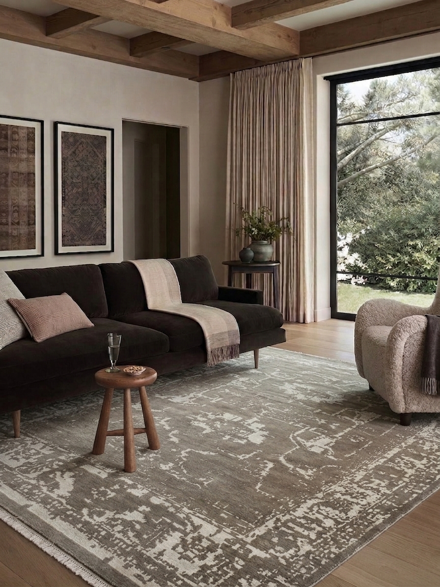 Indo-Nepali Erased Medallion Grey, Bhadohi, India modern rug, in taupe grey, Wool, 274 × 338 cm (9'0" × 11'1"), Nasim Carpets Malaysia — view 2