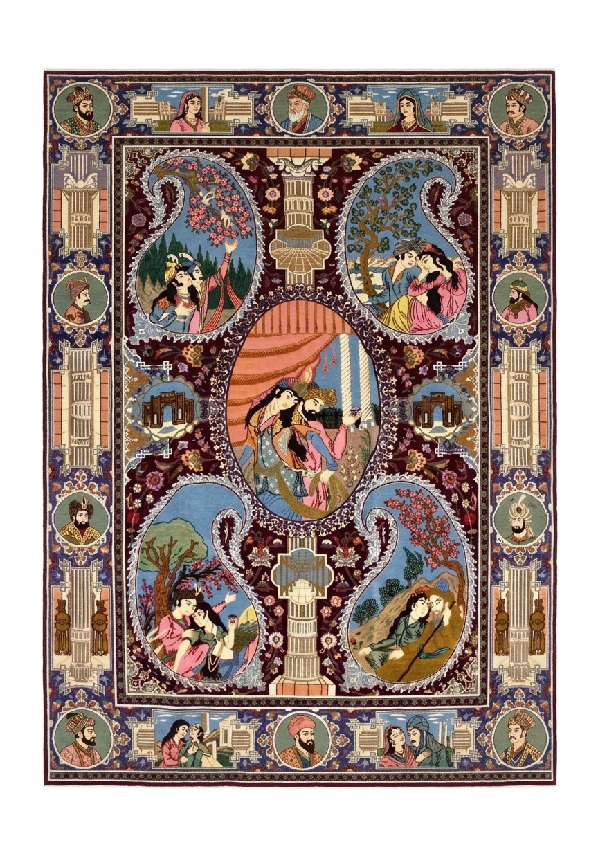 Isfahan Pictorial Medallion Burgundy, Isfahan, Iran persian rug, in burgundy, Pure Silk, 122 × 268 cm (4'0" × 8'10"), Nasim Carpets Malaysia — view 1